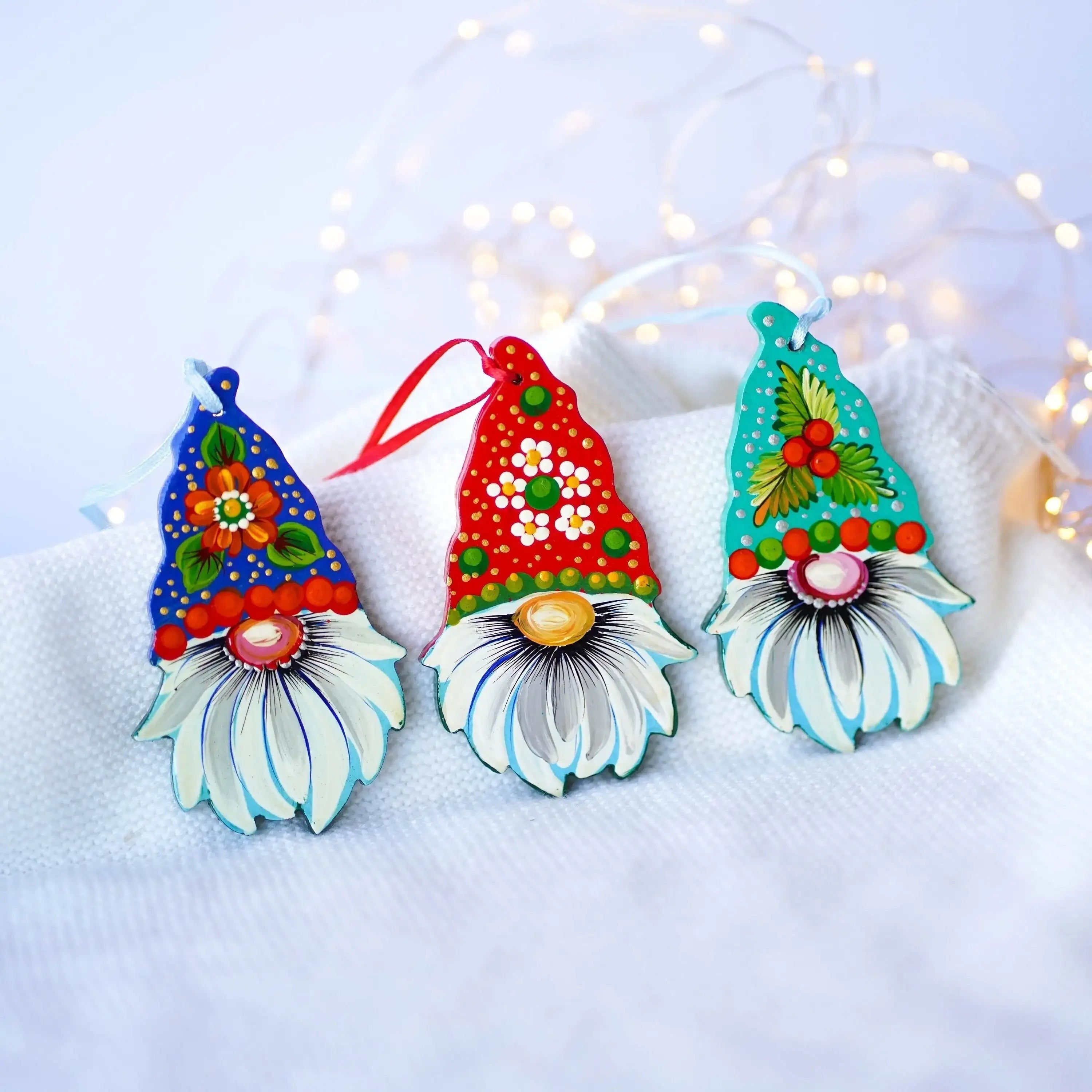 Set of 3 Painted Wooden Gnome Ornaments