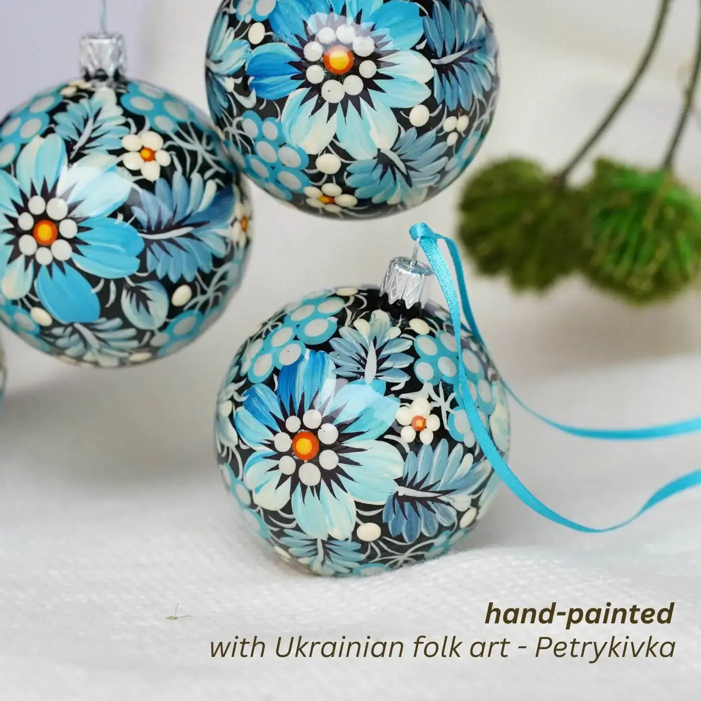Set of 4 Painted Blue & Yellow Flower Ukrainian Christmas Ball Ornaments 2.4 in