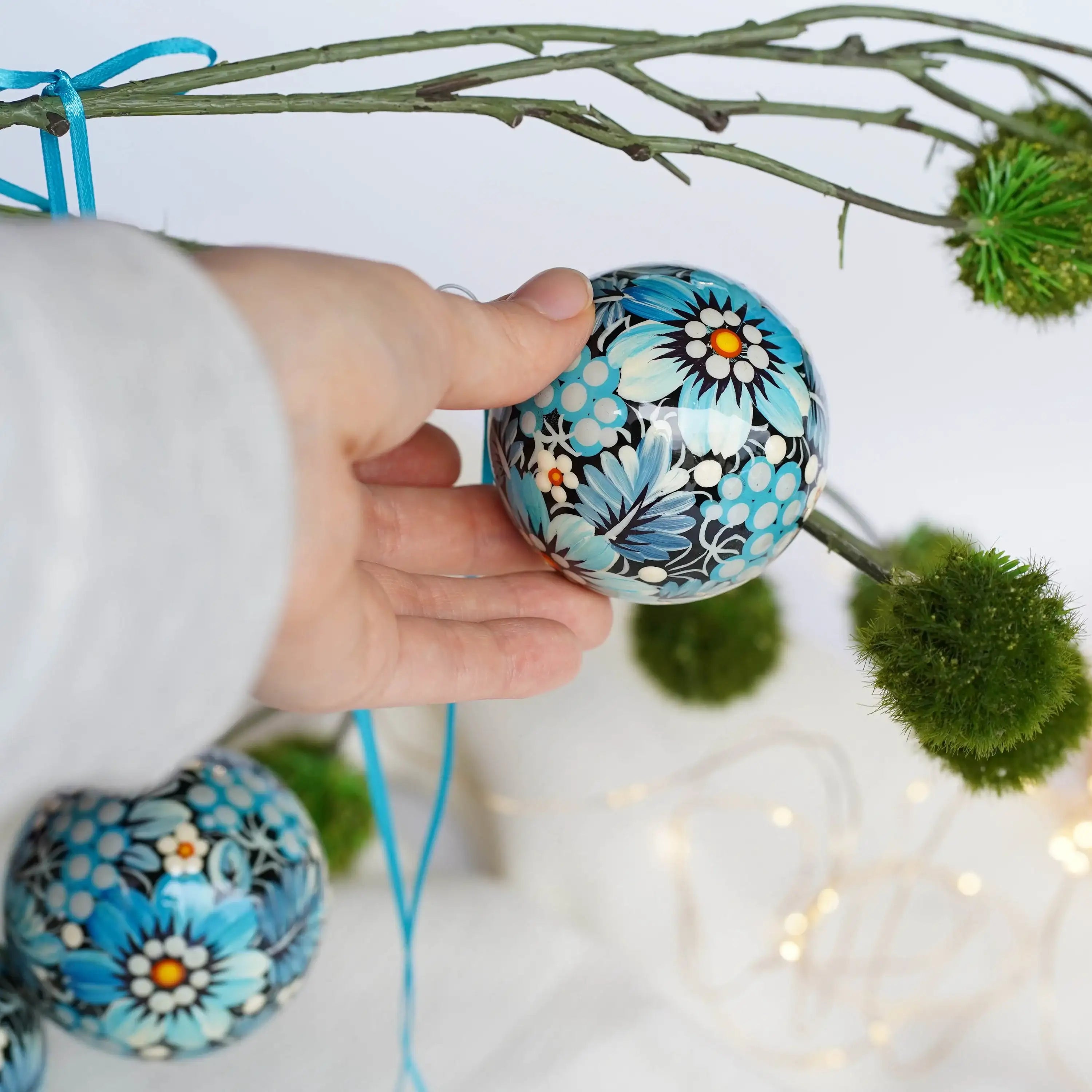 Set of 4 Painted Blue & Yellow Flower Ukrainian Christmas Ball Ornaments 2.4 in