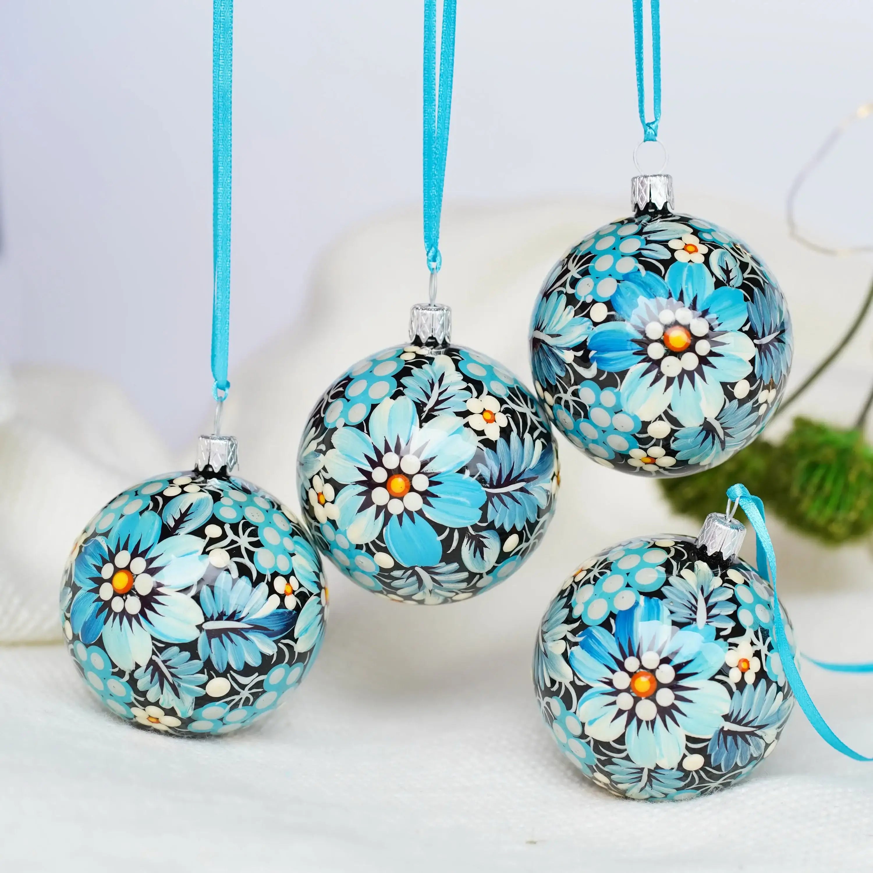 Set of 4 Painted Blue & Yellow Flower Ukrainian Christmas Ball Ornaments 2.4 in