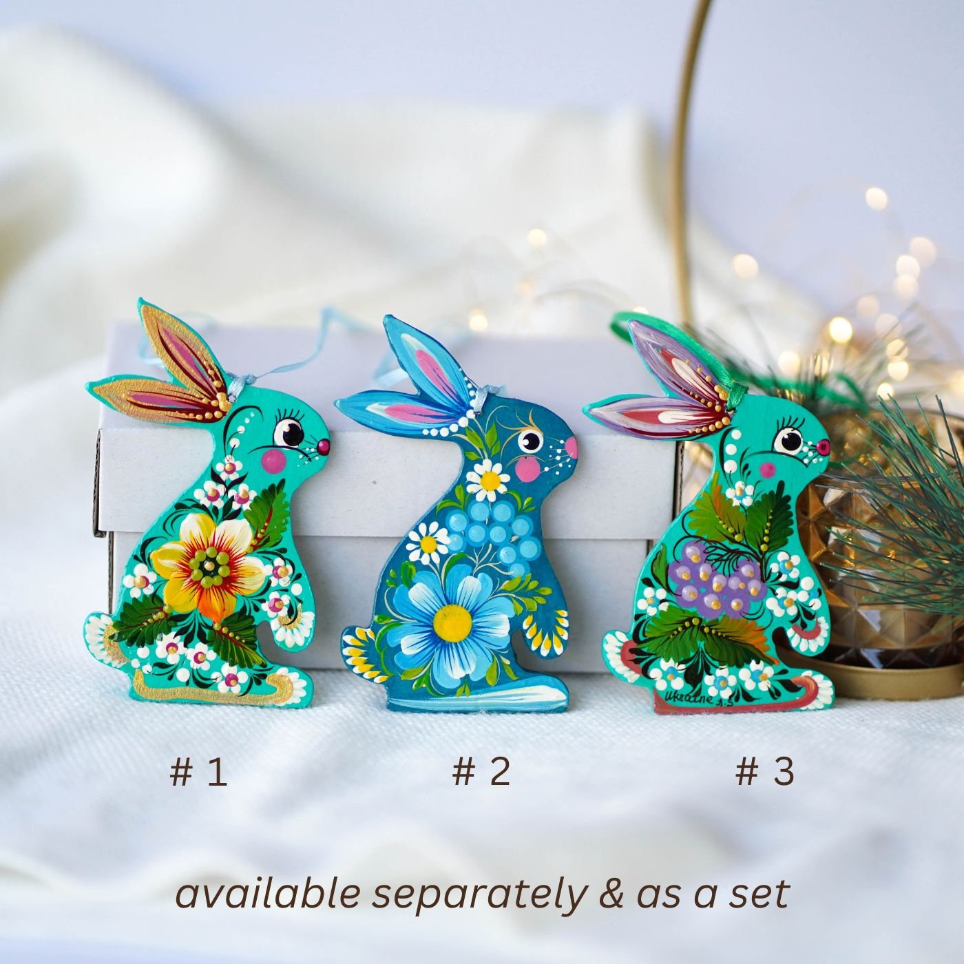 Painted Sunflower Easter Bunny Ornament - Turquoise Wooden Ukrainian Ornament