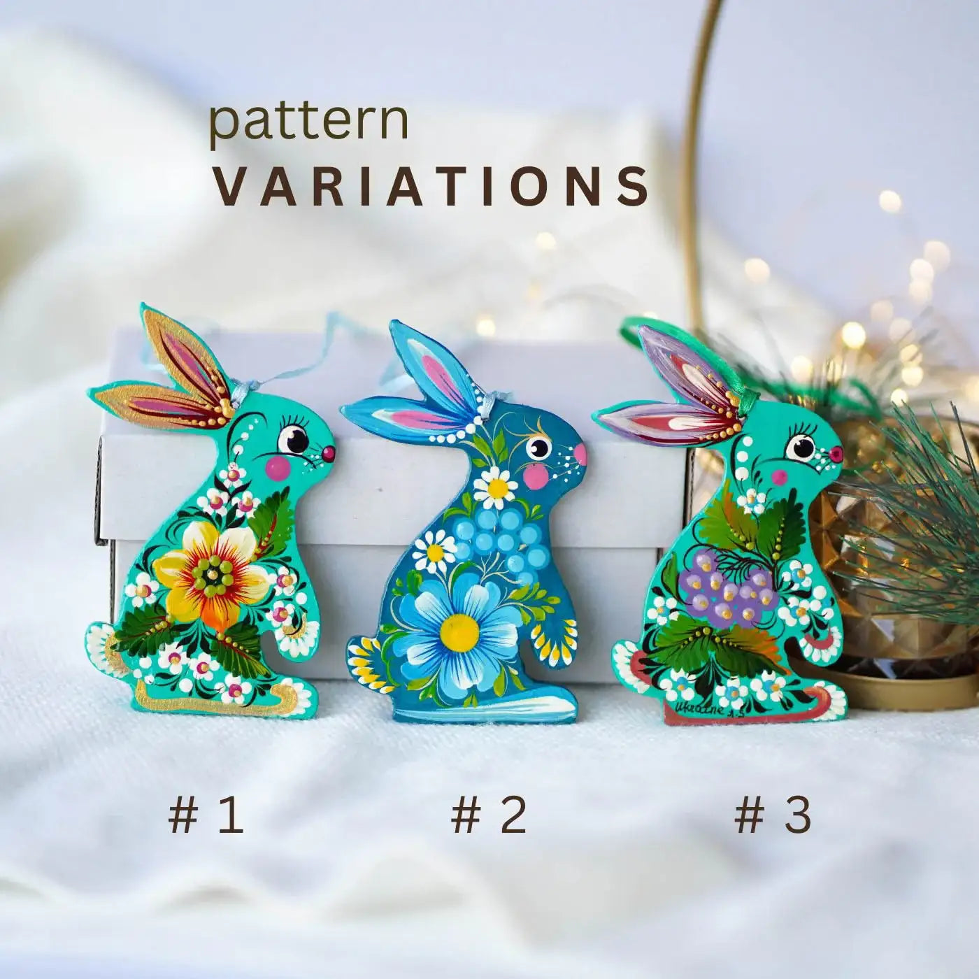 Painted Sunflower Easter Bunny Ornament - Turquoise Wooden Ukrainian Ornament