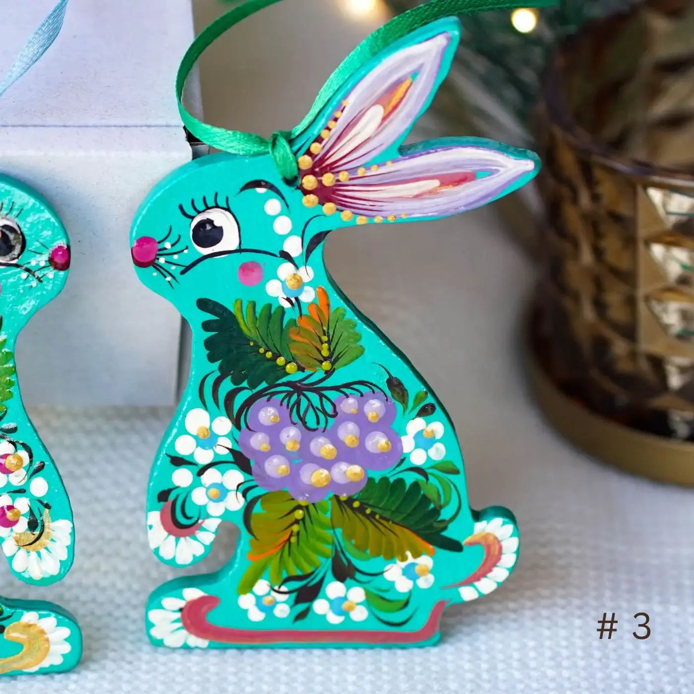 Painted Sunflower Easter Bunny Ornament - Turquoise Wooden Ukrainian Ornament