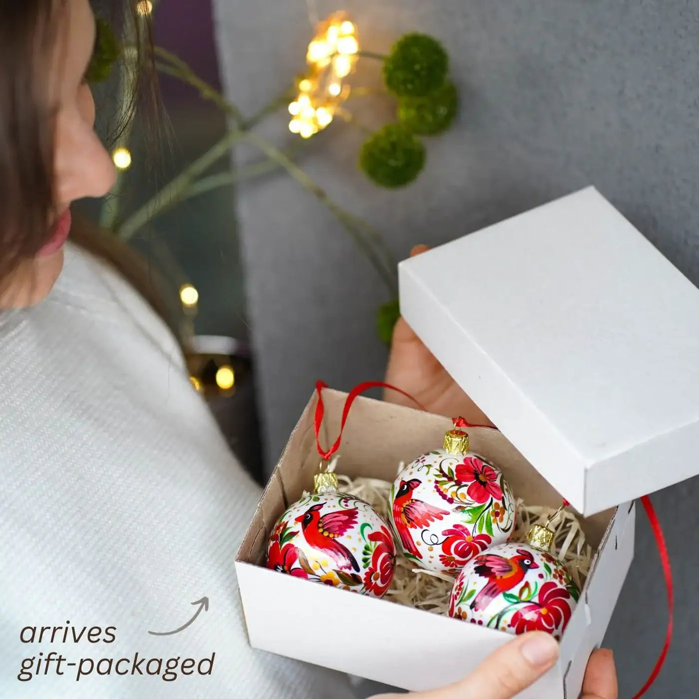 Hand-painted Set of 3 Red Cardinal Christmas Ball Ornaments 2.4 in