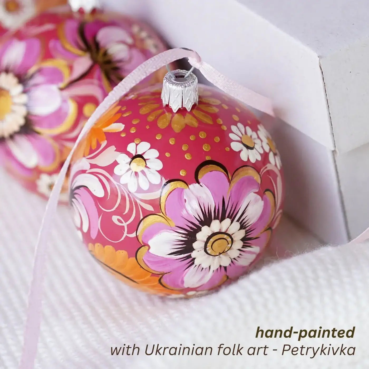 Set of 3 Painted Pink Flower Ukrainian Christmas Ball Ornaments 2.4 in