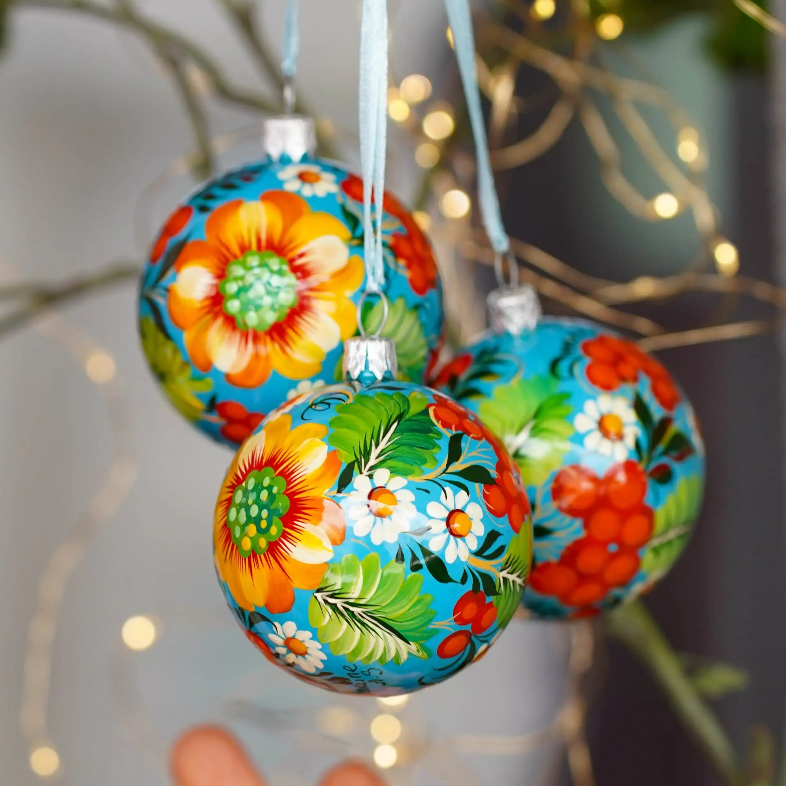 Set of 3 Hand-painted Ukrainian Sunflower Ornaments 2.4 in
