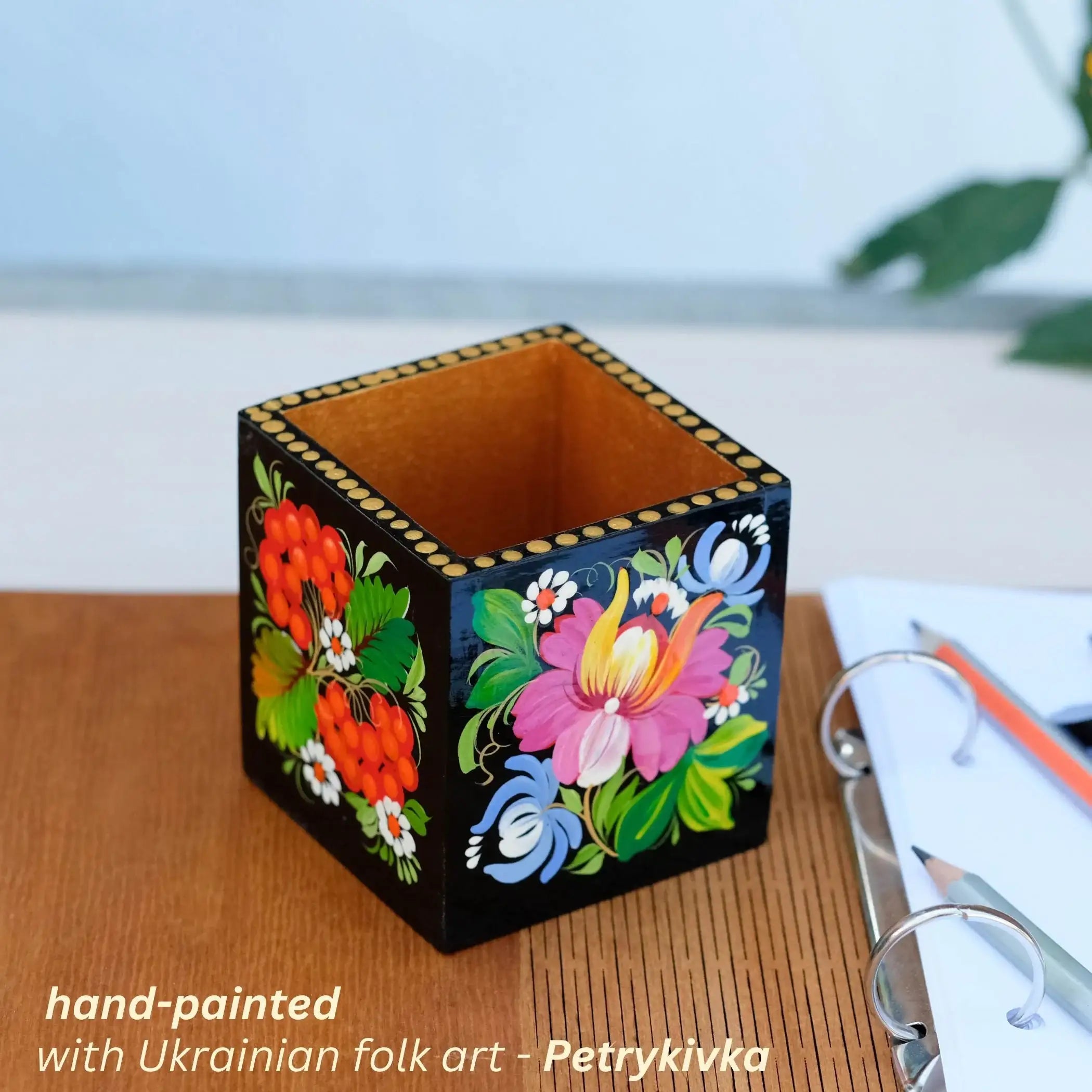 Wooden Painted Pencil Cup - Handmade Pen & Brushes Cup, Ukrainian Petrykivka Art Flower Pencil Holder