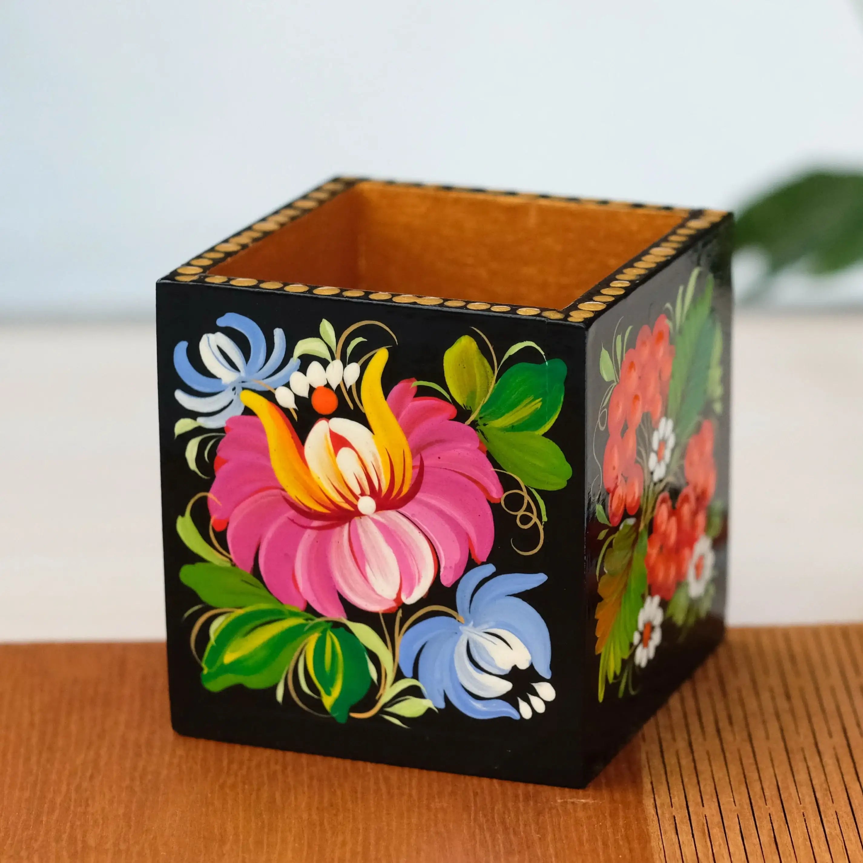 Wooden Painted Pencil Cup - Handmade Pen & Brushes Cup, Ukrainian Petrykivka Art Flower Pencil Holder