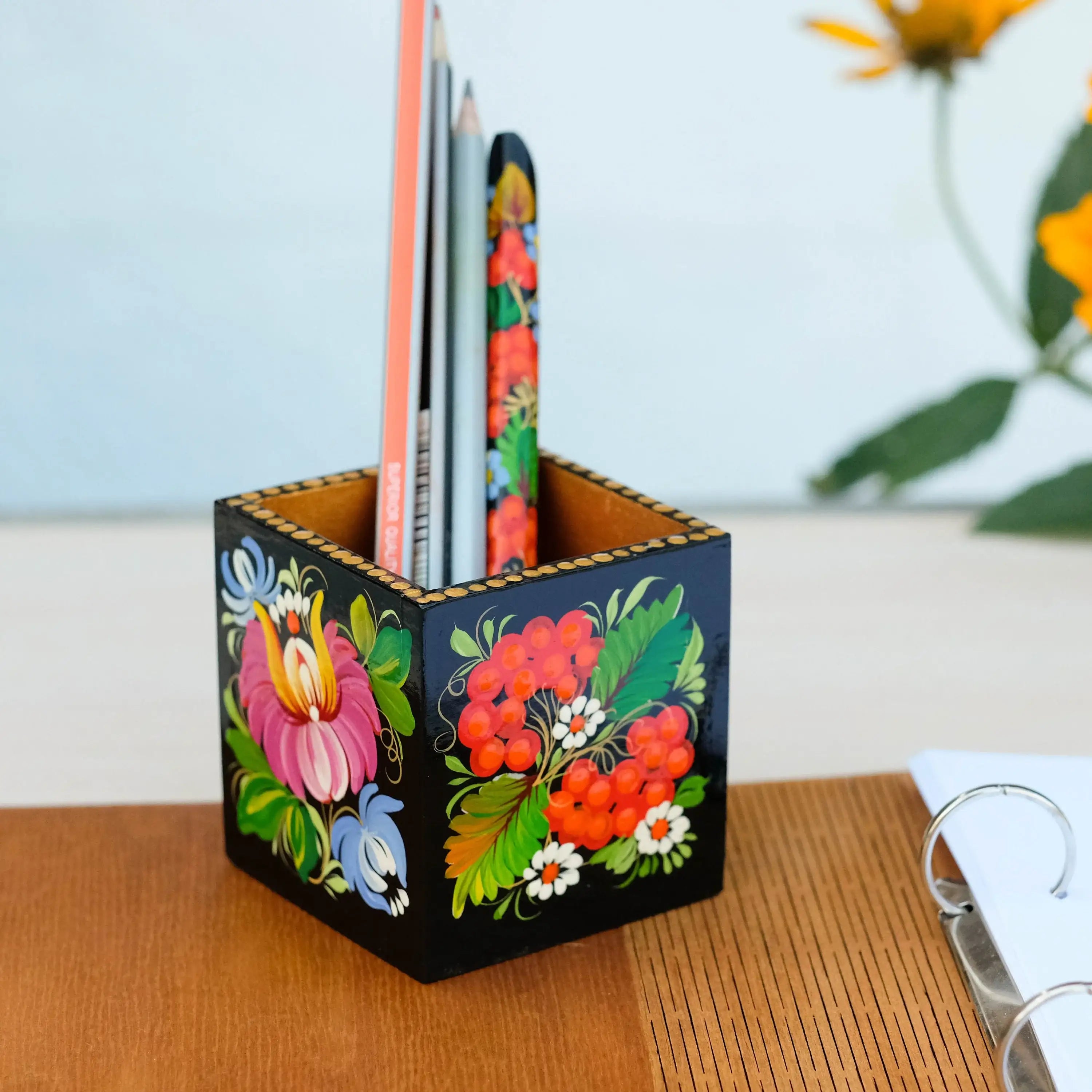 Wooden Painted Pencil Cup - Handmade Pen & Brushes Cup, Ukrainian Petrykivka Art Flower Pencil Holder