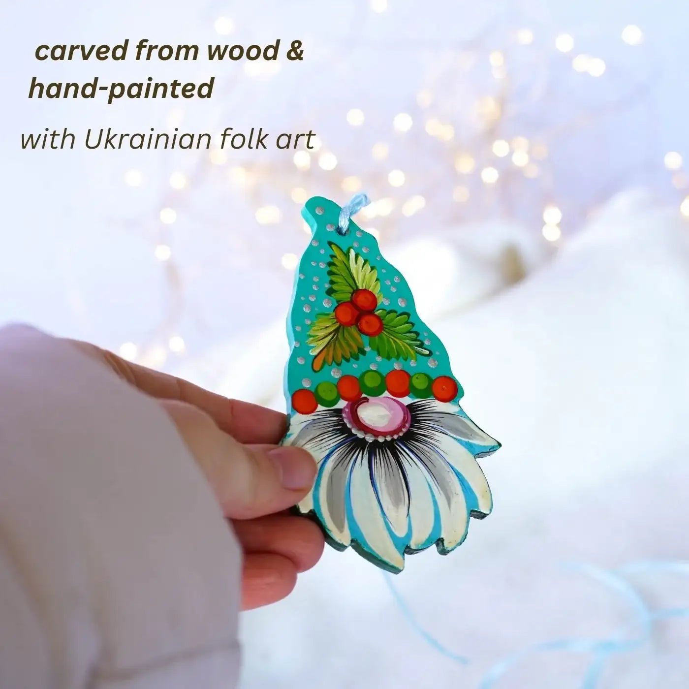 Set of 9 gnome ornaments hand painted with Petrykivka art, Gift-wrapped