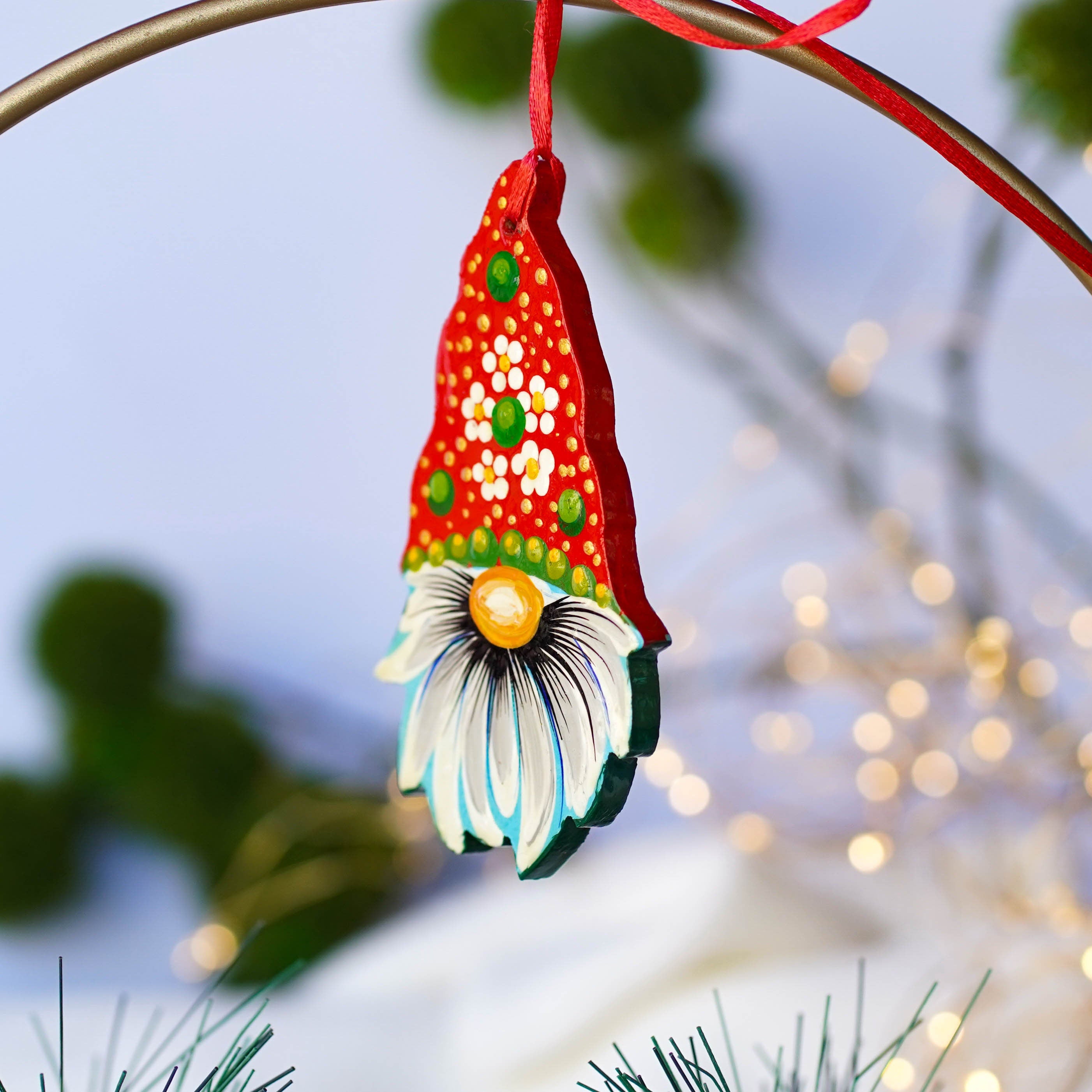 Set of 9 gnome ornaments hand painted with Petrykivka art, Gift-wrapped