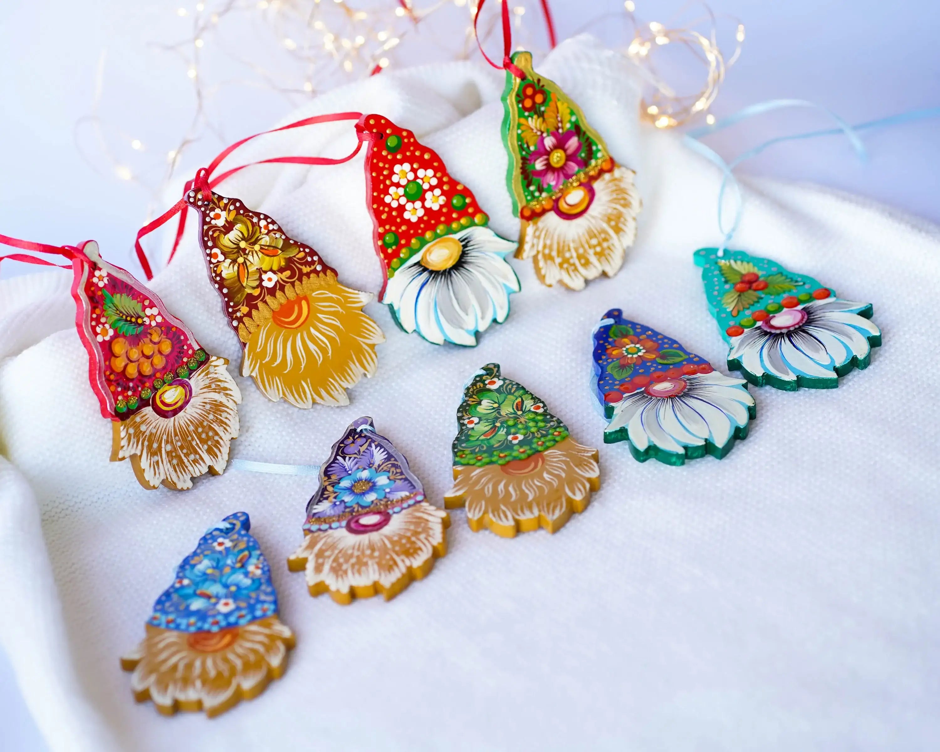 Set of 9 gnome ornaments hand painted with Petrykivka art, Gift-wrapped