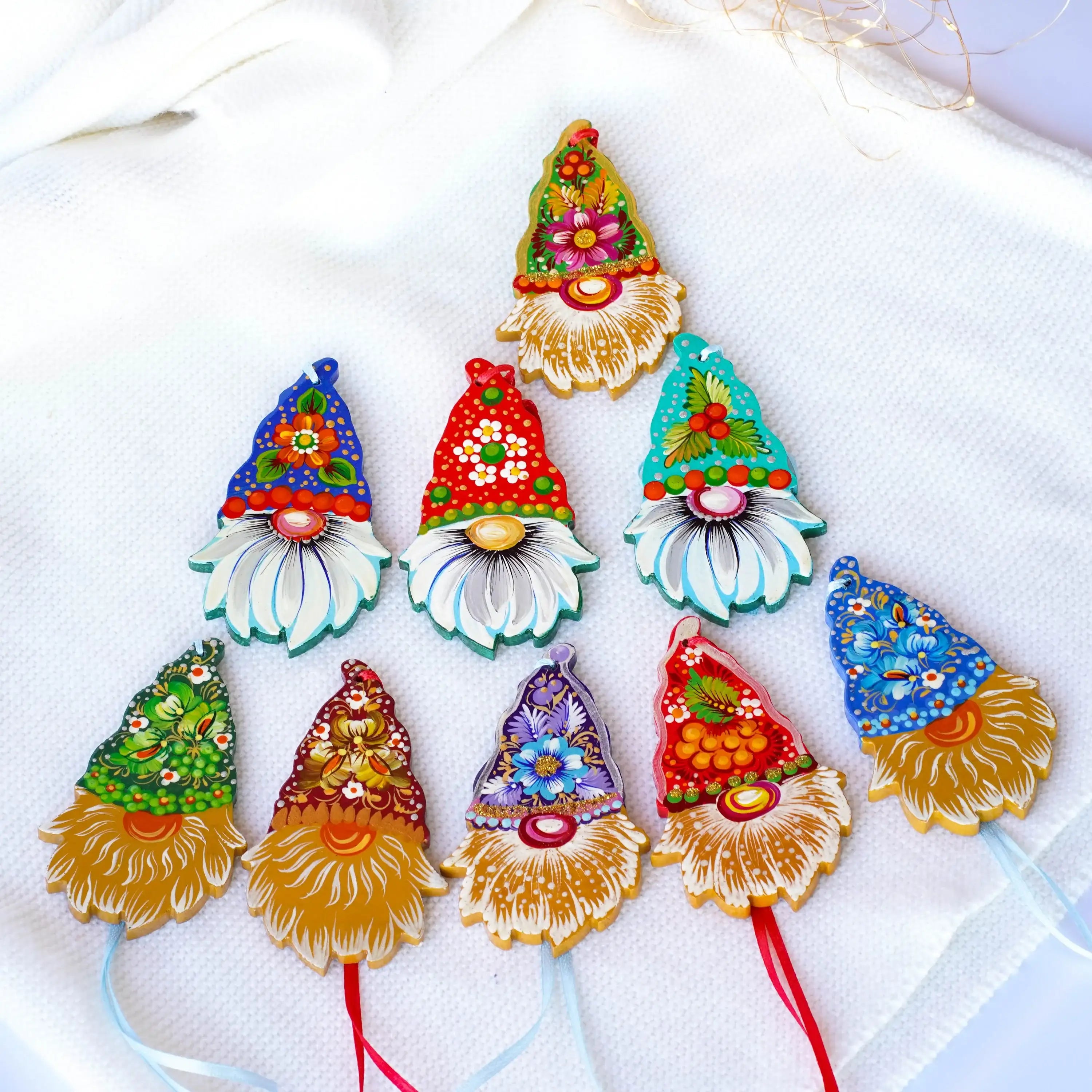 Set of 9 gnome ornaments hand painted with Petrykivka art, Gift-wrapped