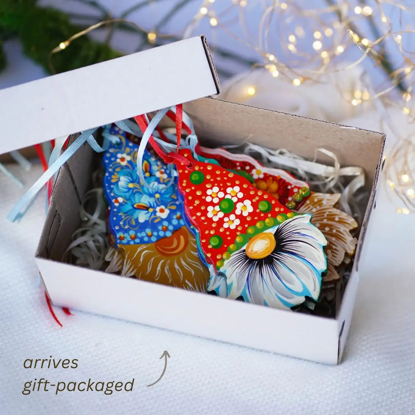 Set of 9 gnome ornaments hand painted with Petrykivka art, Gift-wrapped