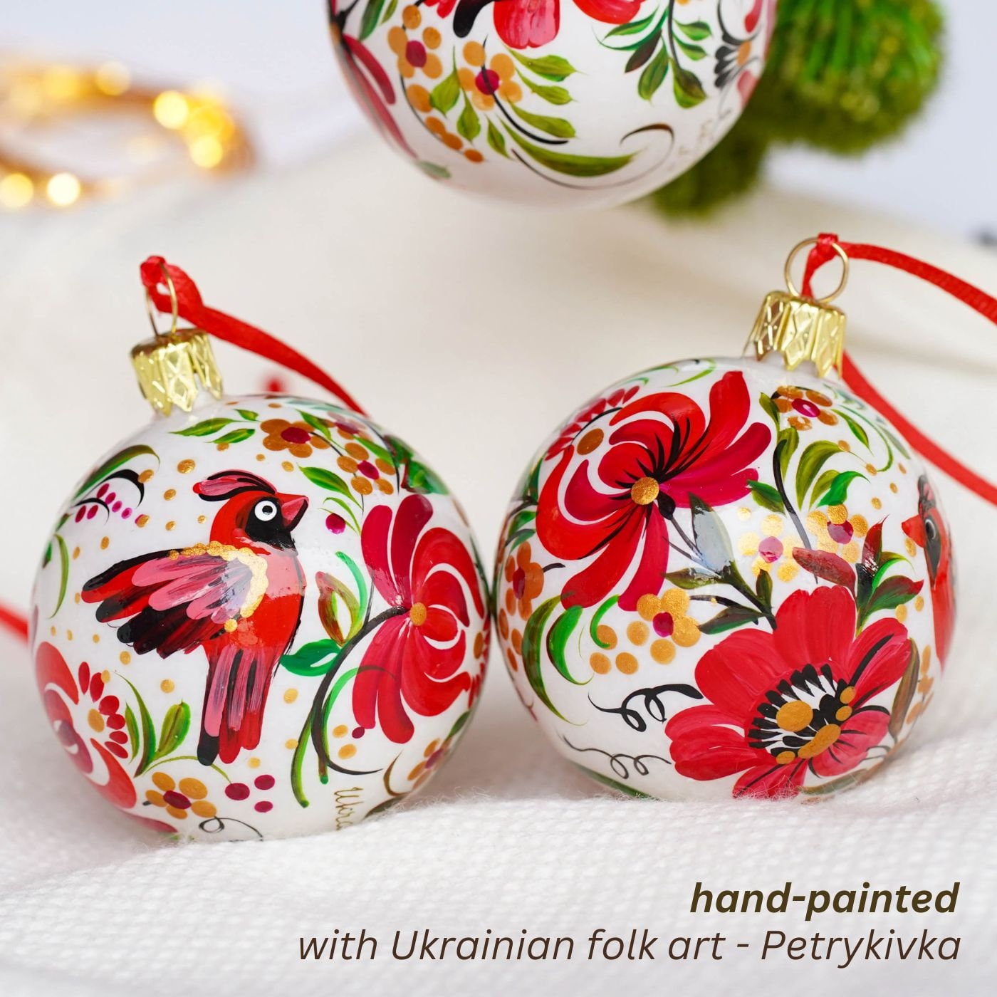 Hand-painted Set of 3 Red Cardinal Christmas Ball Ornaments 2.4 in - Handmade Christmas Tree Decoration, Petrykivka Art