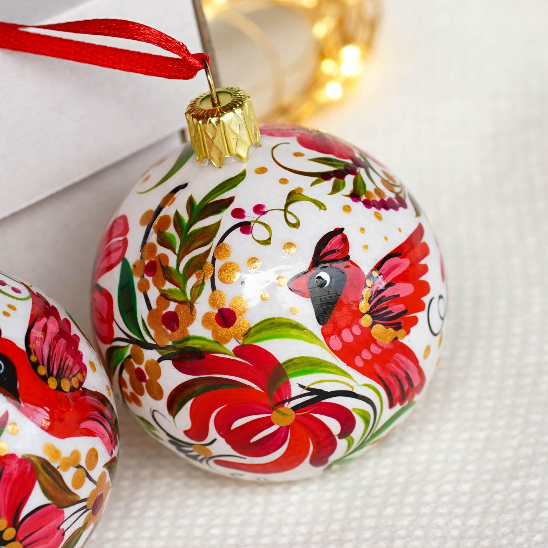Hand-painted Set of 3 Red Cardinal Christmas Ball Ornaments 2.4 in - Handmade Christmas Tree Decoration, Petrykivka Art