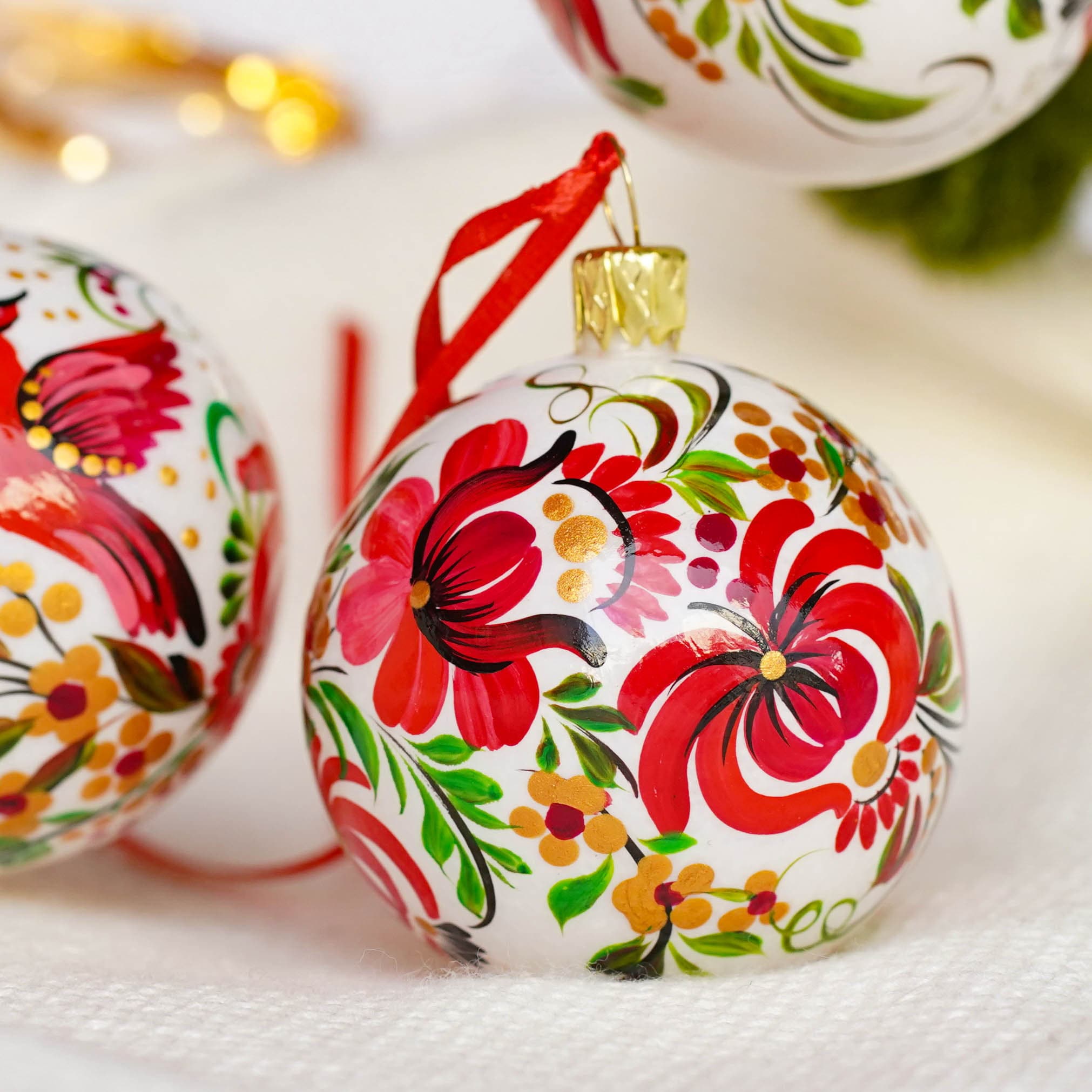 Hand-painted Set of 3 Red Cardinal Christmas Ball Ornaments 2.4 in - Handmade Christmas Tree Decoration, Petrykivka Art