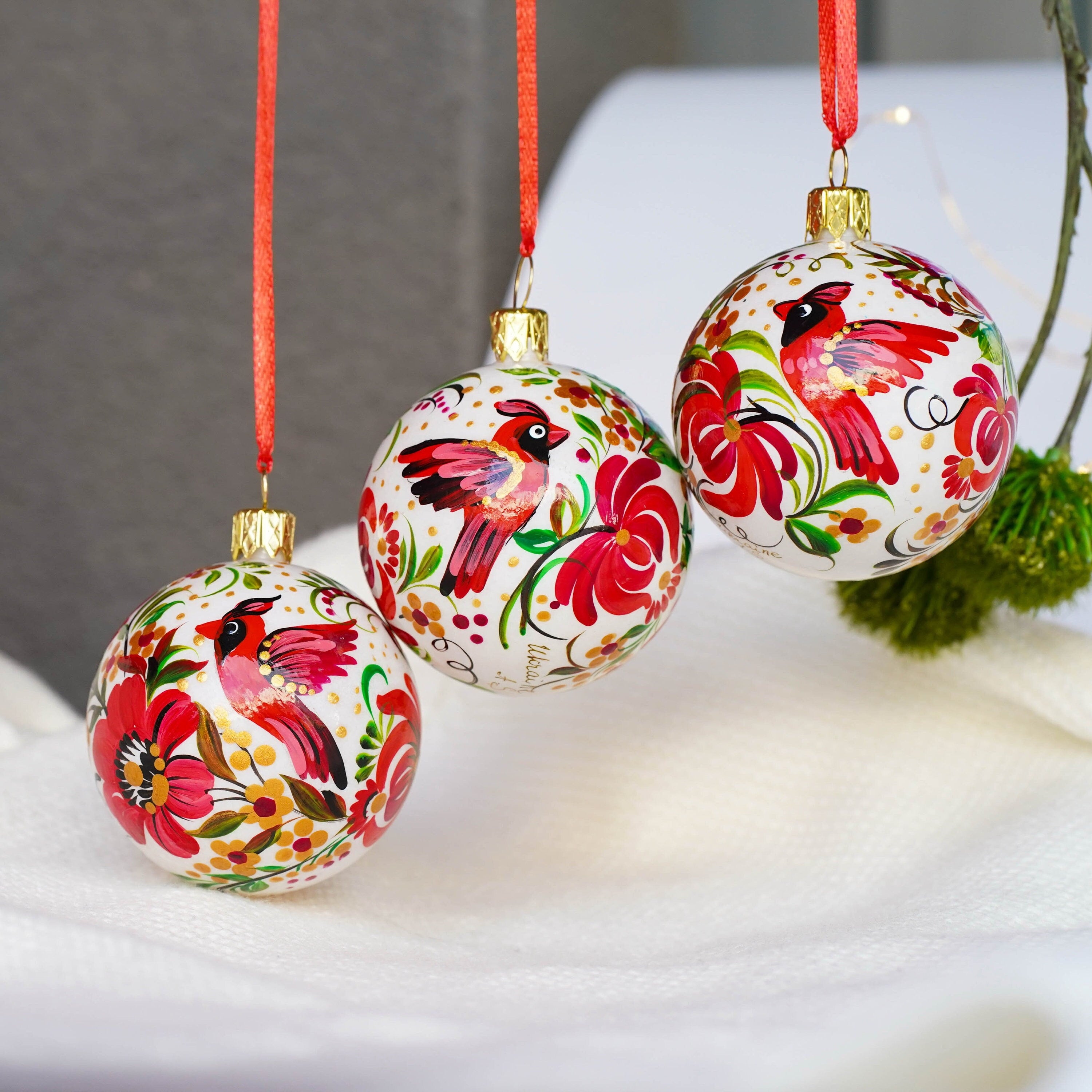 Hand-painted Set of 3 Red Cardinal Christmas Ball Ornaments 2.4 in - Handmade Christmas Tree Decoration, Petrykivka Art