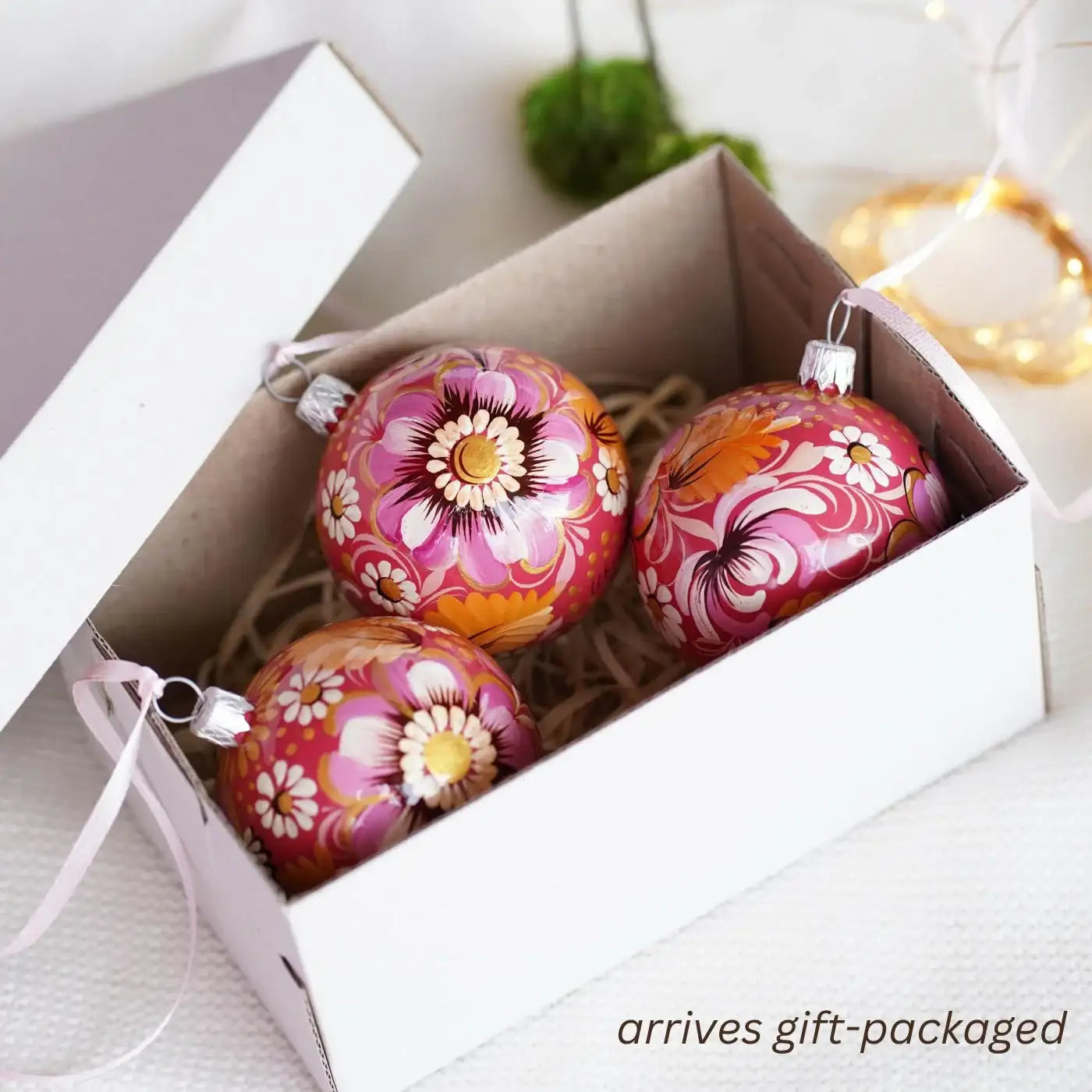 Set of 3 Painted Pink Flower Ukrainian Christmas Ball Ornaments 2.4 in