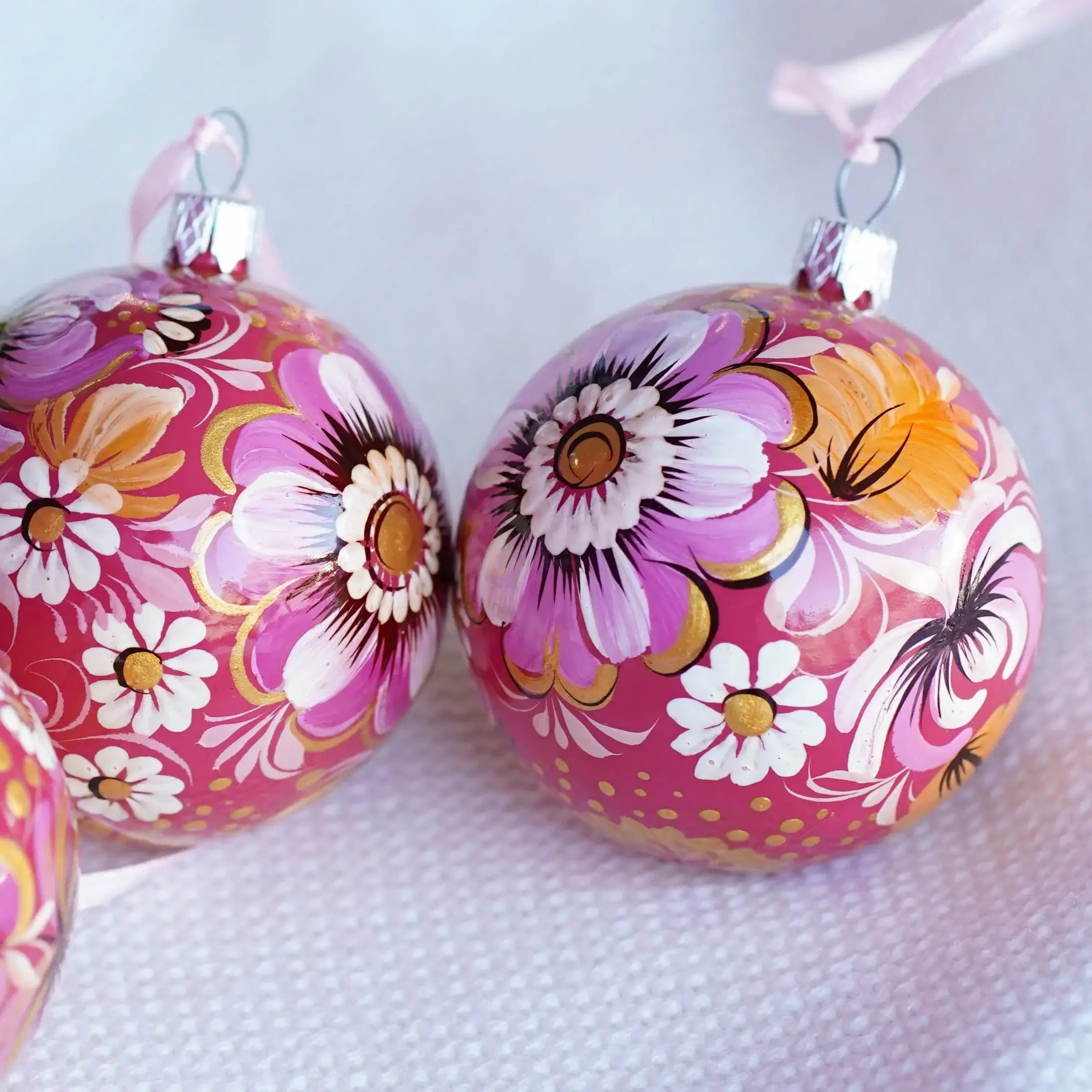 Set of 3 Painted Pink Flower Ukrainian Christmas Ball Ornaments 2.4 in
