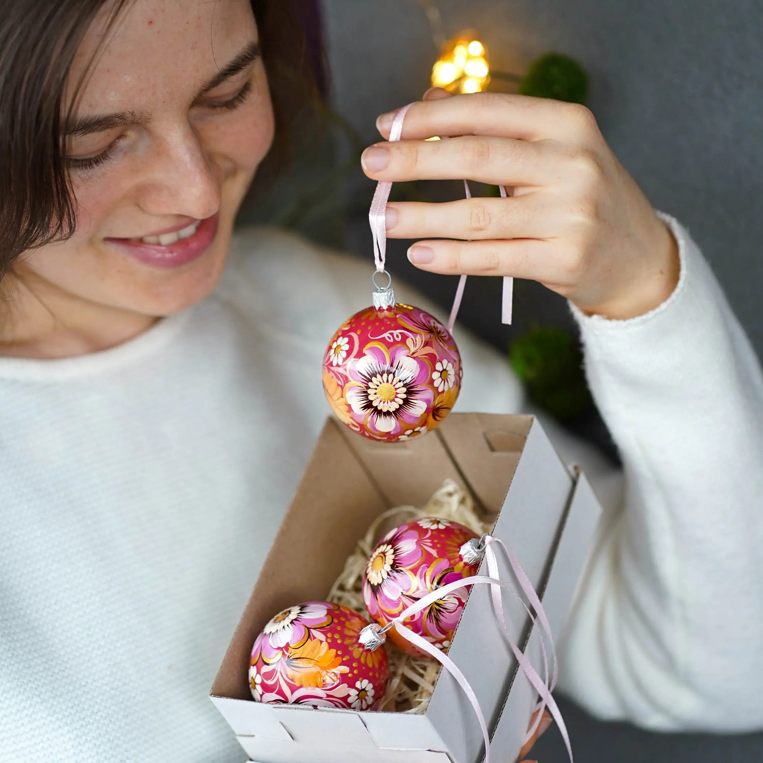 Set of 3 Painted Pink Flower Ukrainian Christmas Ball Ornaments 2.4 in