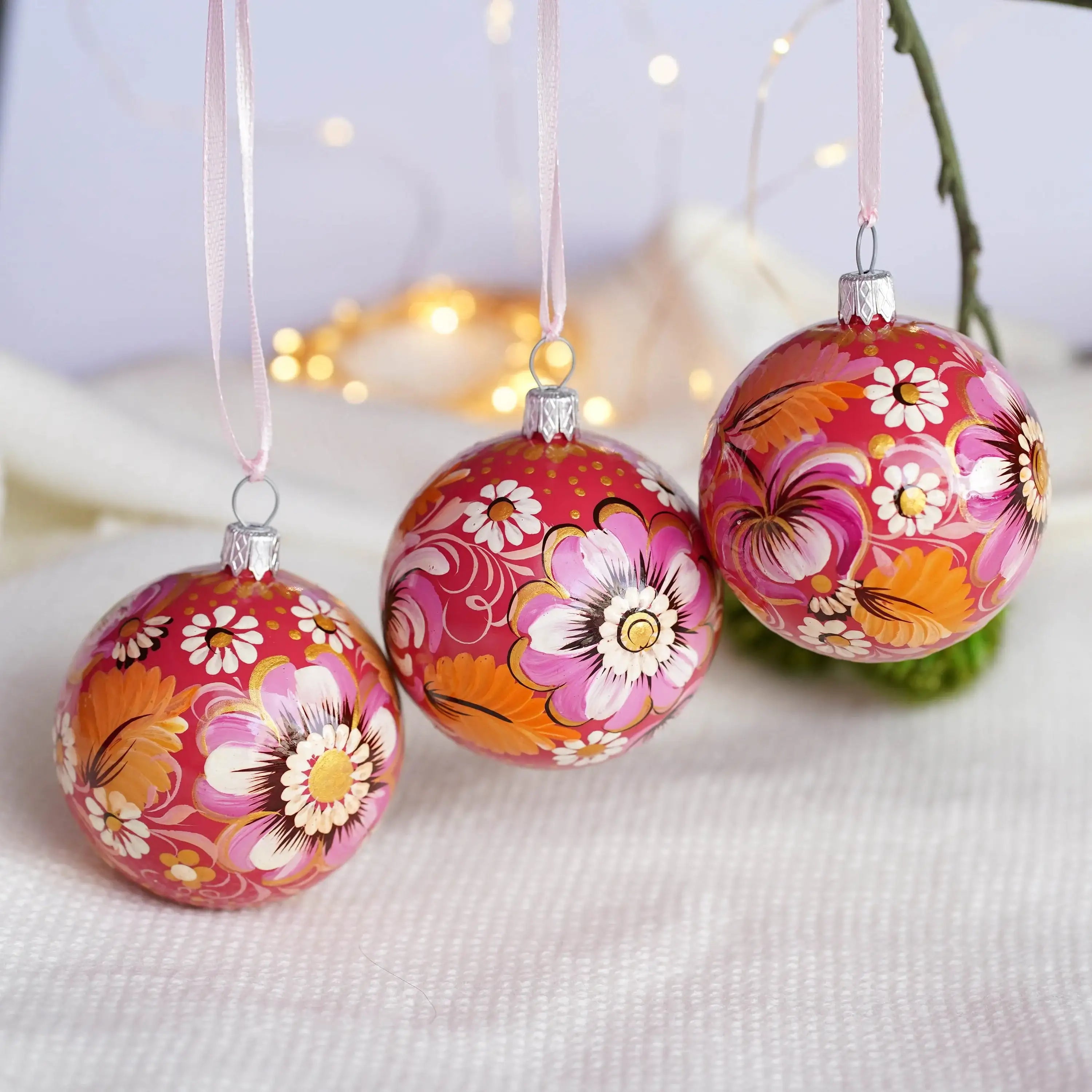 Set of 3 Painted Pink Flower Ukrainian Christmas Ball Ornaments 2.4 in