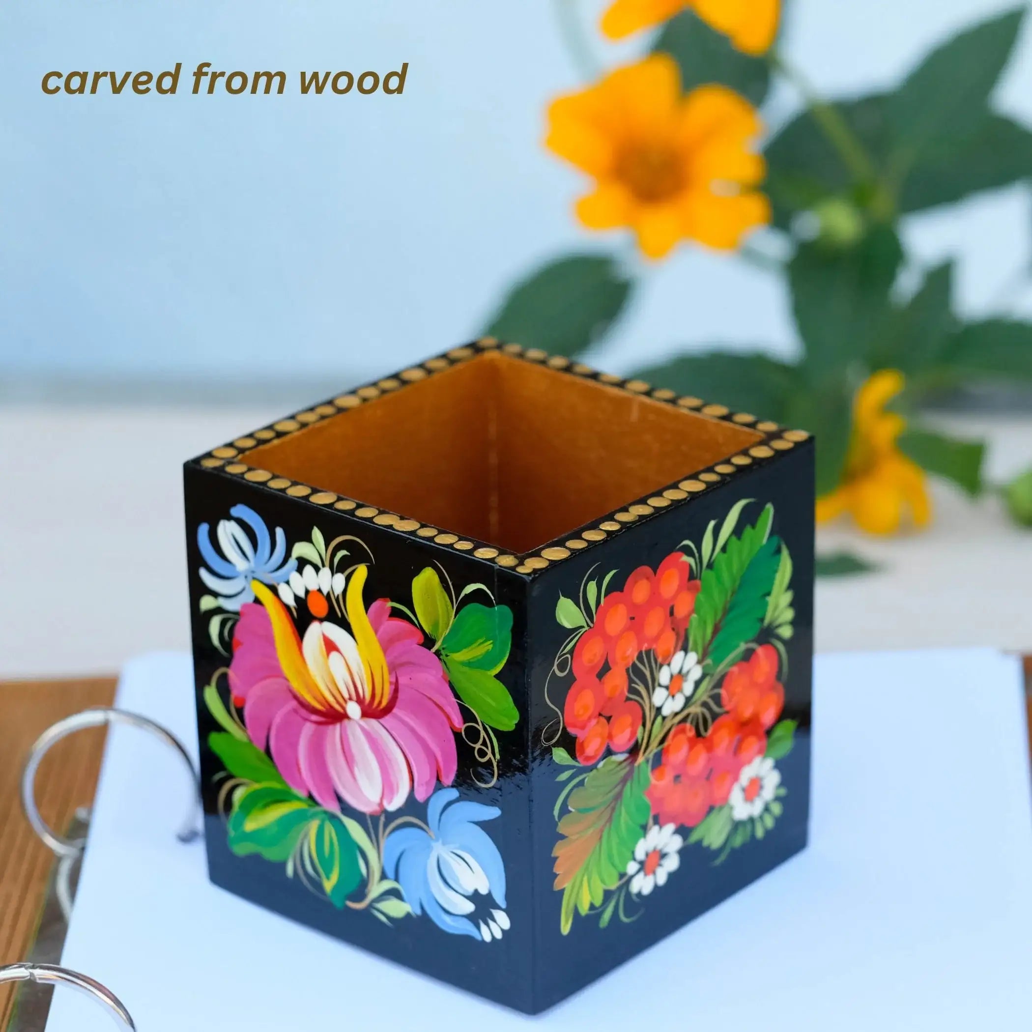 Wooden Painted Pencil Cup - Handmade Pen & Brushes Cup, Ukrainian Petrykivka Art Flower Pencil Holder