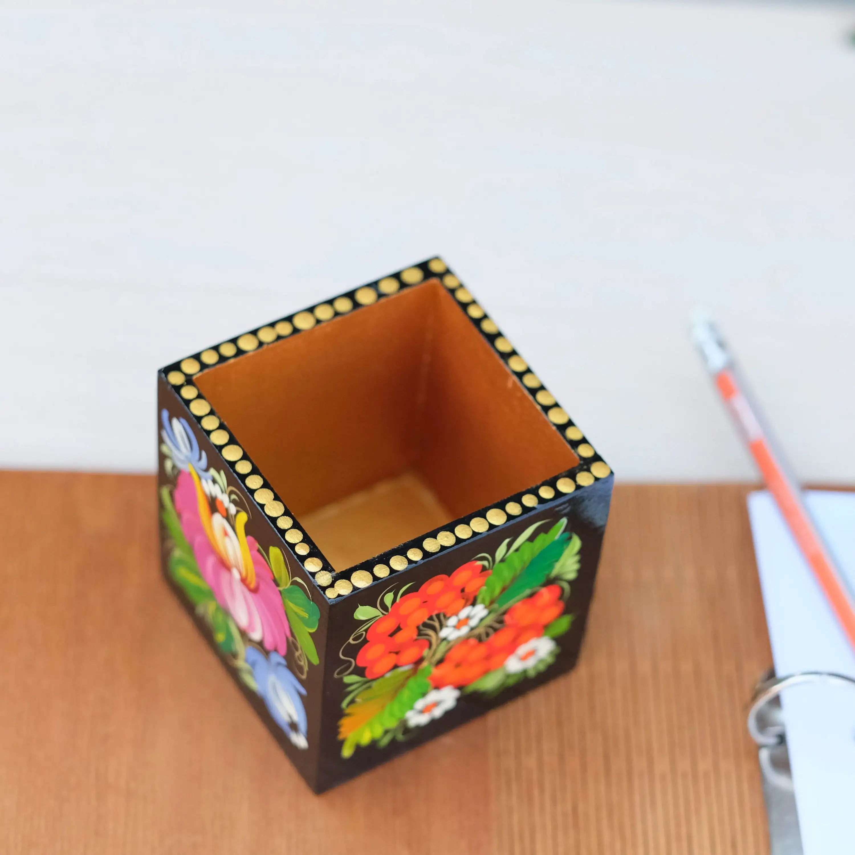Wooden Painted Pencil Cup - Handmade Pen & Brushes Cup, Ukrainian Petrykivka Art Flower Pencil Holder