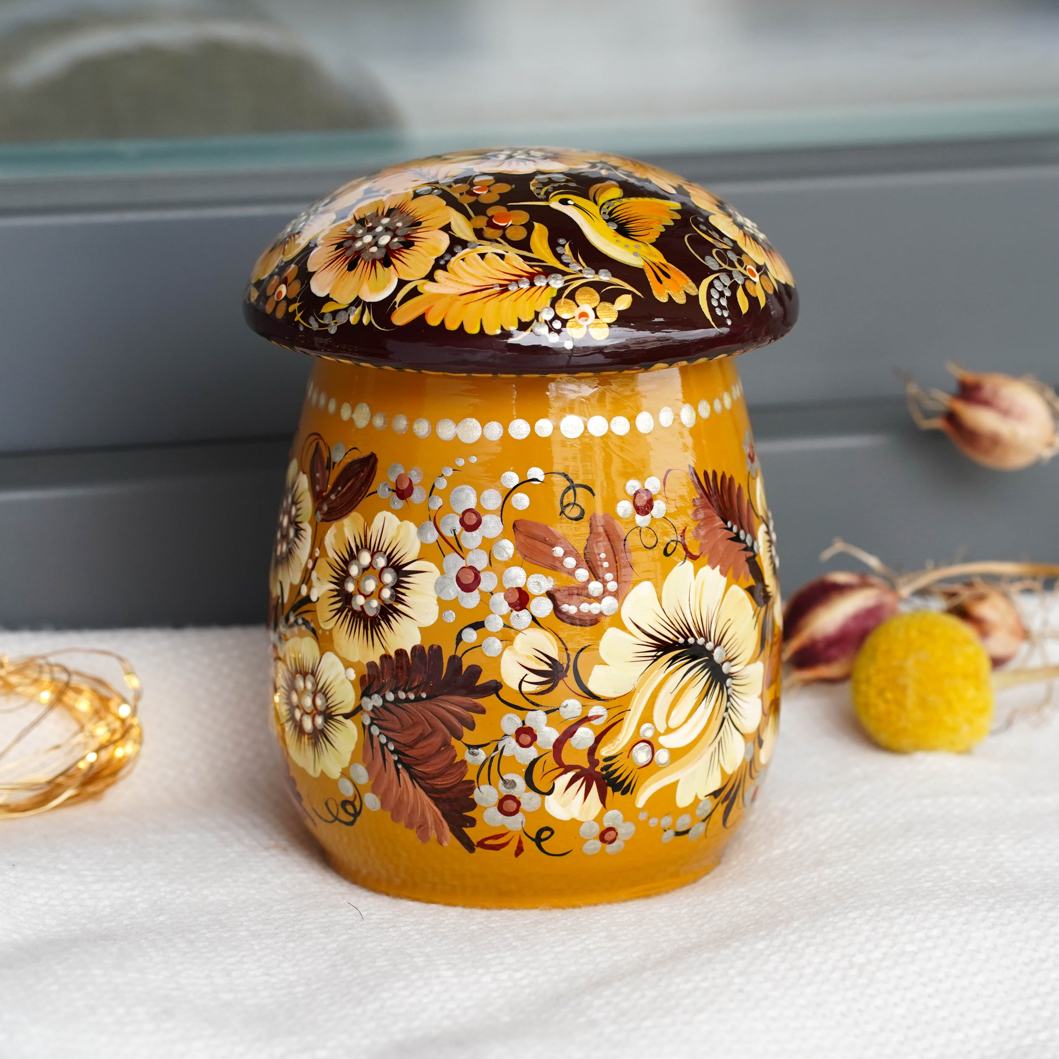 Painted Wooden Jar with Lid - Beige Flower Mushroom-shaped Hummingbird Kitchen Canister, Petrykivka Art