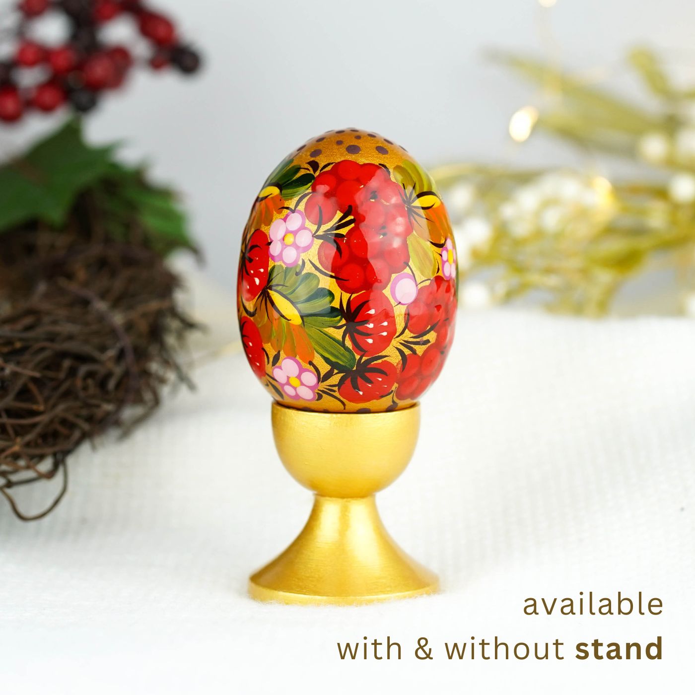 Hand-painted strawberry wooden Easter egg - Unique Petrykivka egg