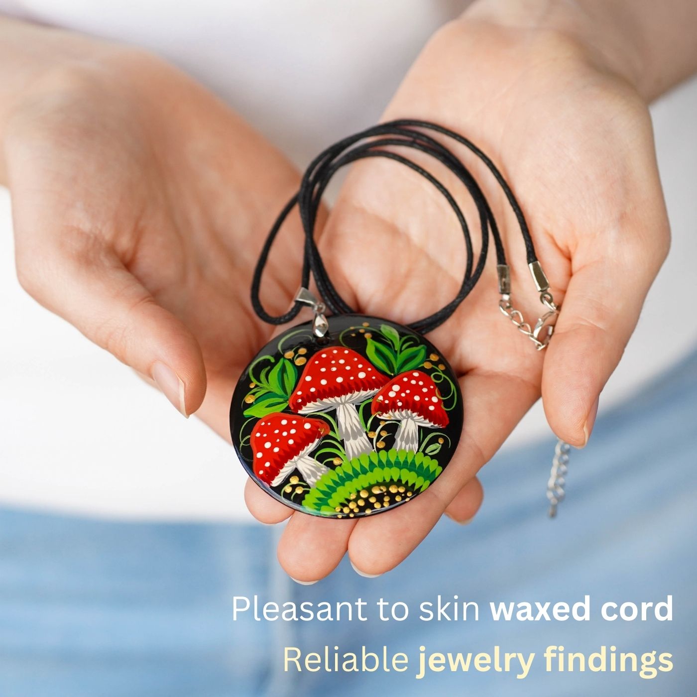 Hand-painted Wooden Mushroom Pendant Necklace - Artisanal Large Circle Statement Necklace