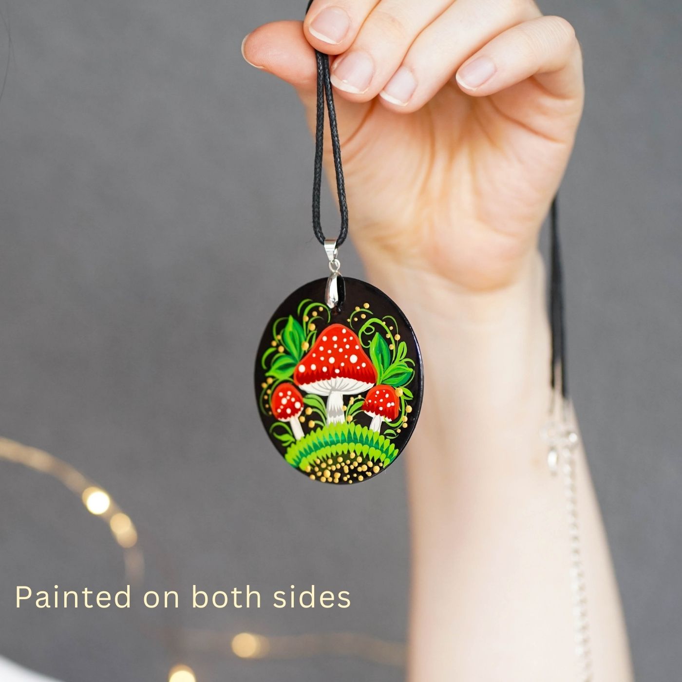 Hand-painted Wooden Mushroom Pendant Necklace - Artisanal Large Circle Statement Necklace