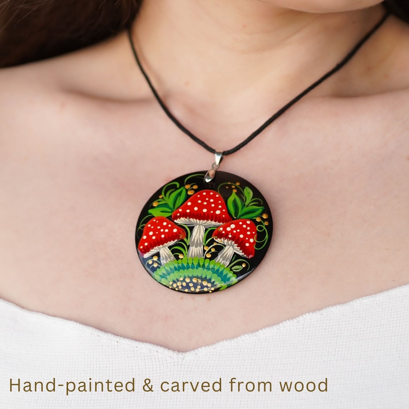 Hand-painted Wooden Mushroom Pendant Necklace - Artisanal Large Circle Statement Necklace