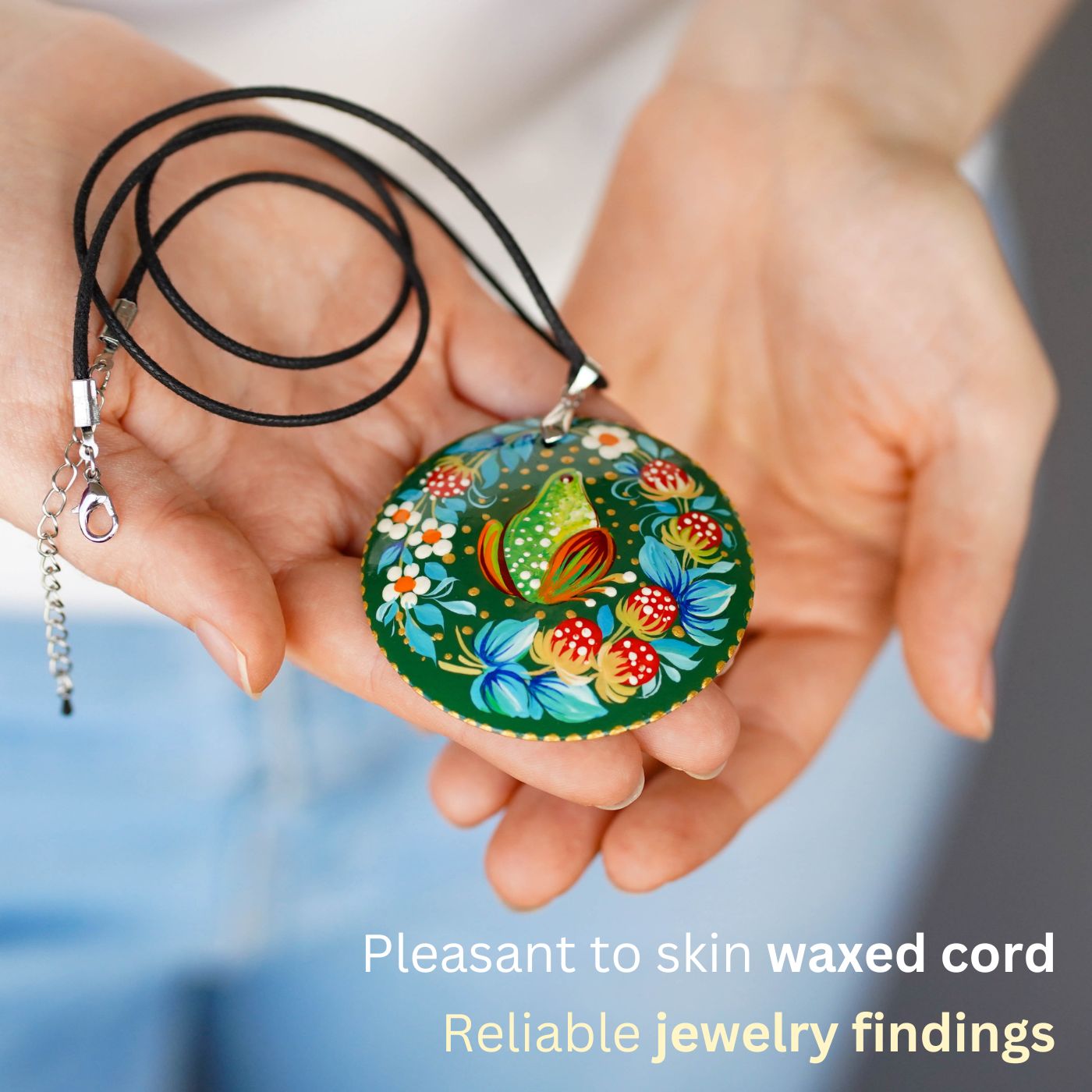 Painted Wooden Frog Pendant Necklace - Artisanal Large Circle Statement Necklace, Emerald Green