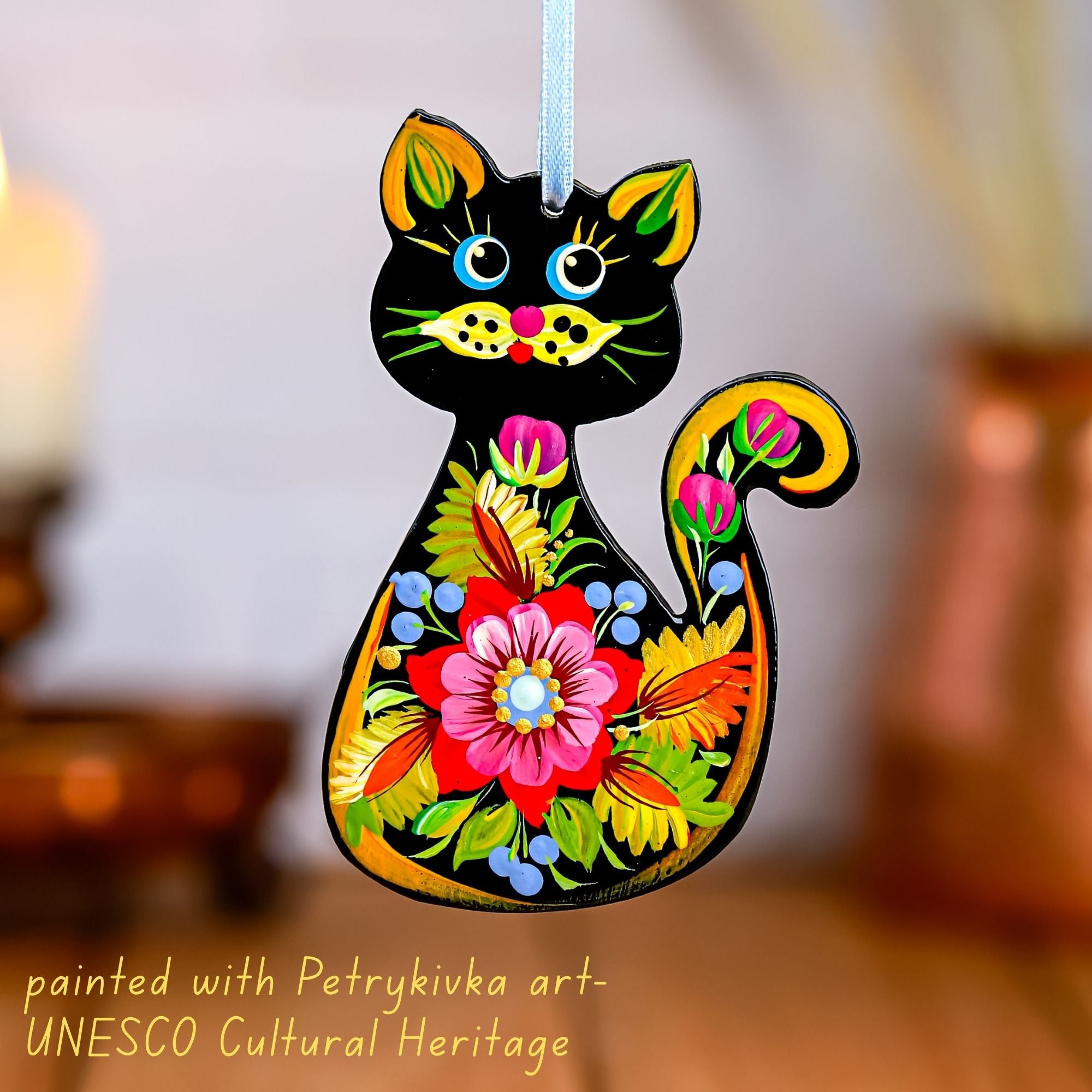 Hand-painted Set of 2 Wooden Cat Christmas Ornaments with Petrykivka Art