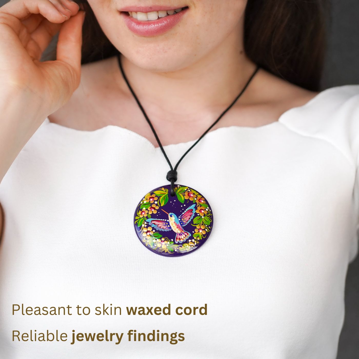 Painted Wooden Hummingbird Pendant Necklace - Artisanal Large Circle Statement Necklace, Purple