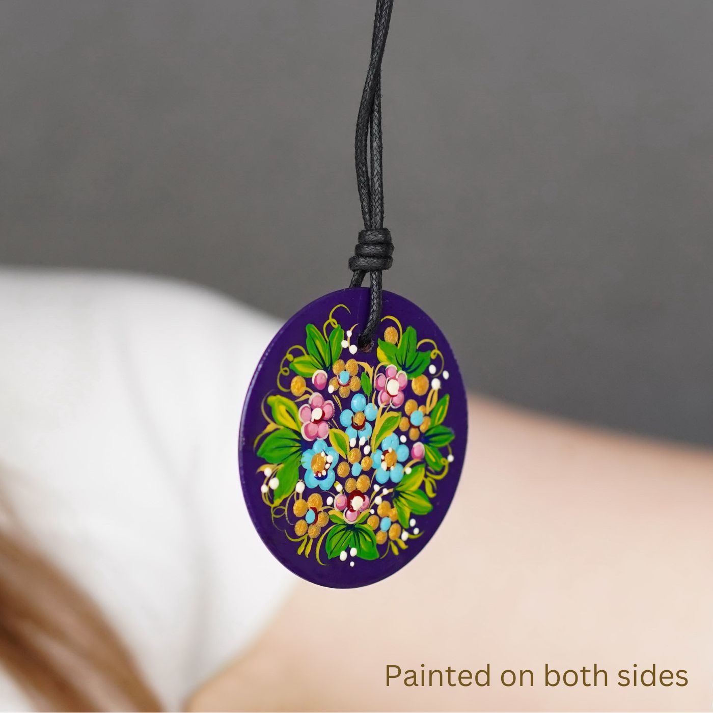 Painted Wooden Hummingbird Pendant Necklace - Artisanal Large Circle Statement Necklace, Purple