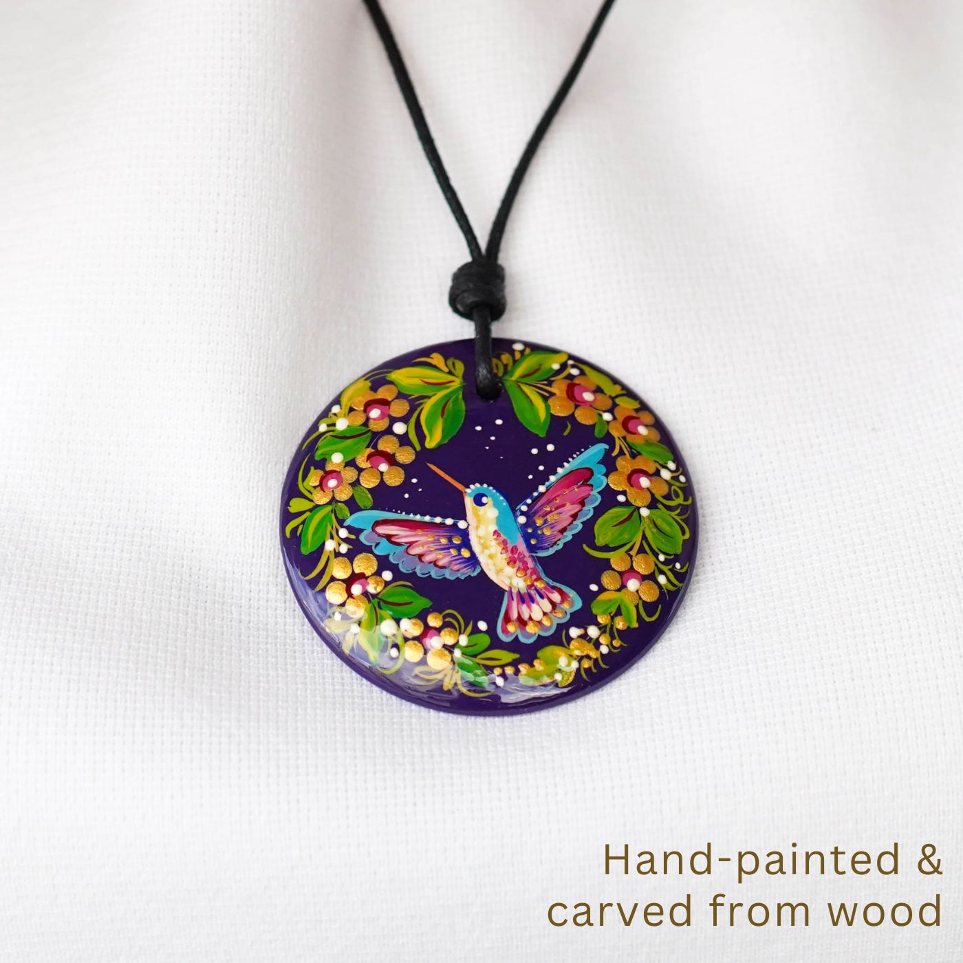 Painted Wooden Hummingbird Pendant Necklace - Artisanal Large Circle Statement Necklace, Purple