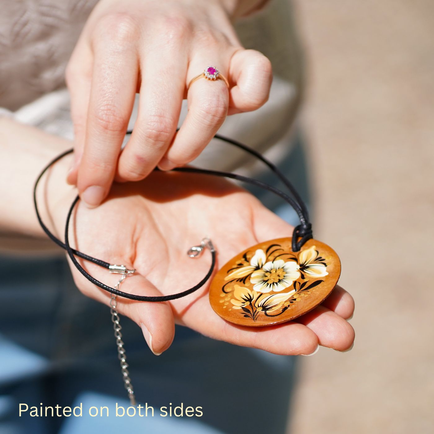 Lightweight Hand-painted Wooden Pendant Necklace -  Beige flower Artisanal Large Circle Statement Necklace