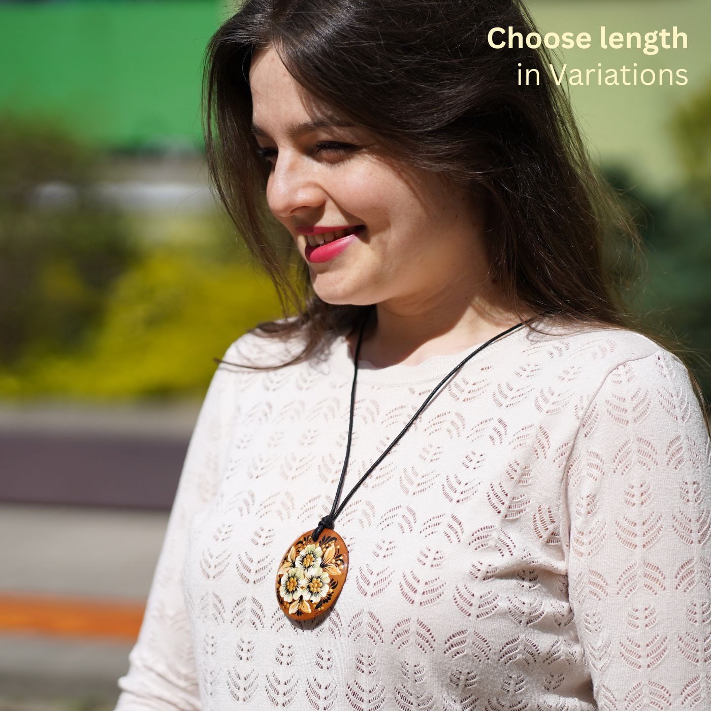 Lightweight Hand-painted Wooden Pendant Necklace -  Beige flower Artisanal Large Circle Statement Necklace