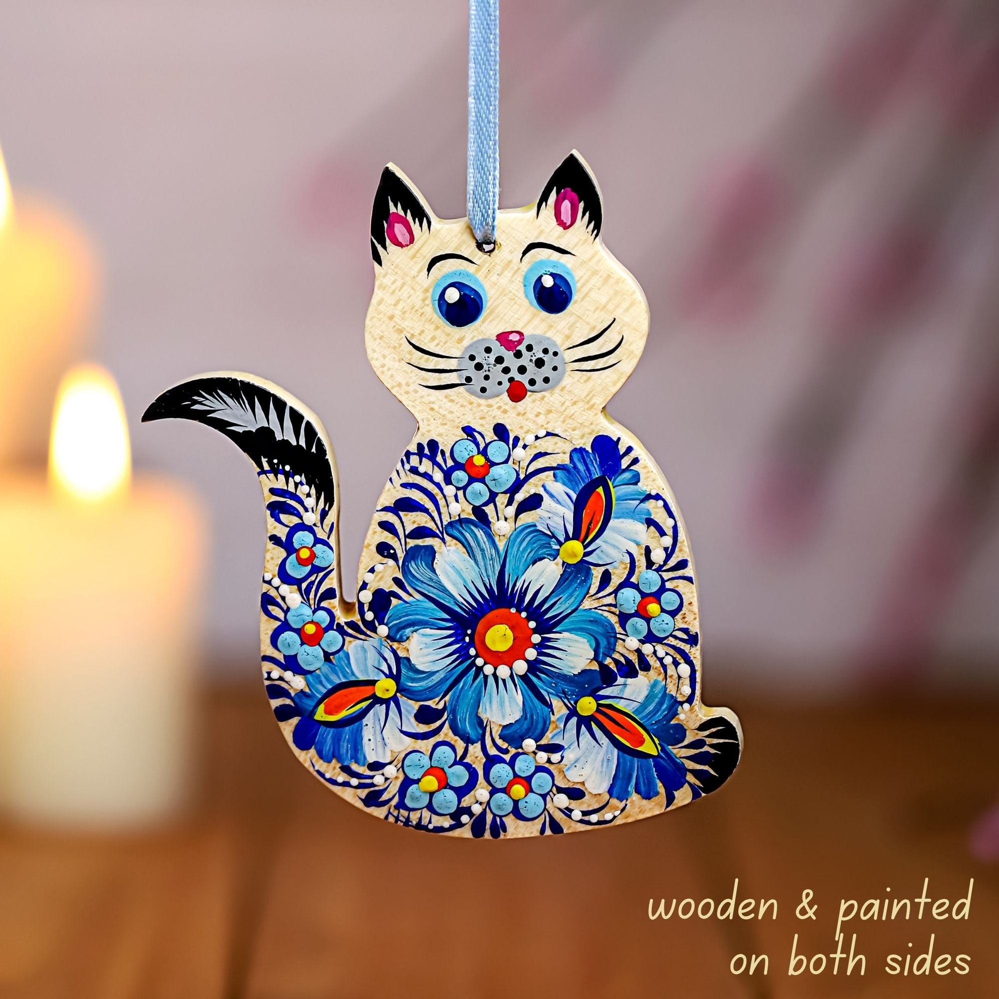 Hand-painted Set of 2 Wooden Cat Christmas Ornaments with Petrykivka Art