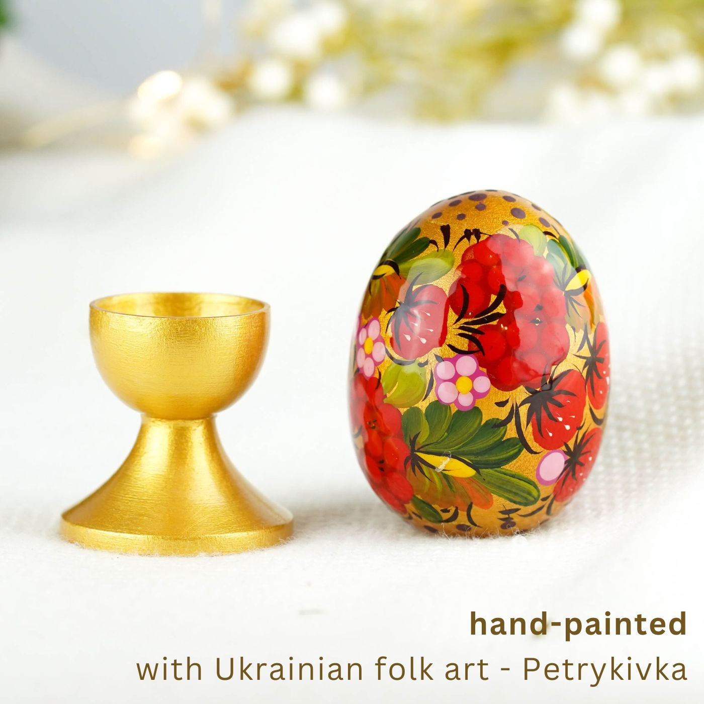 Hand-painted strawberry wooden Easter egg - Unique Petrykivka egg