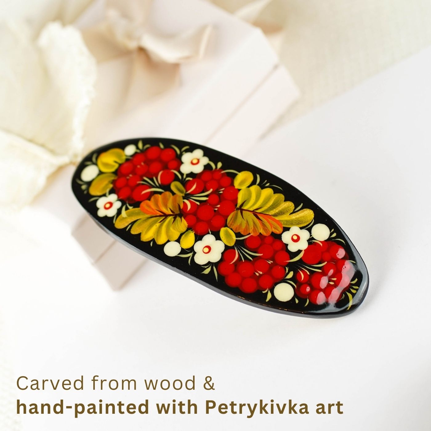 Hand-painted Oval Wooden Hair Barrette -  Artisanal Petrykivka Art Red Flower French Hair Clip