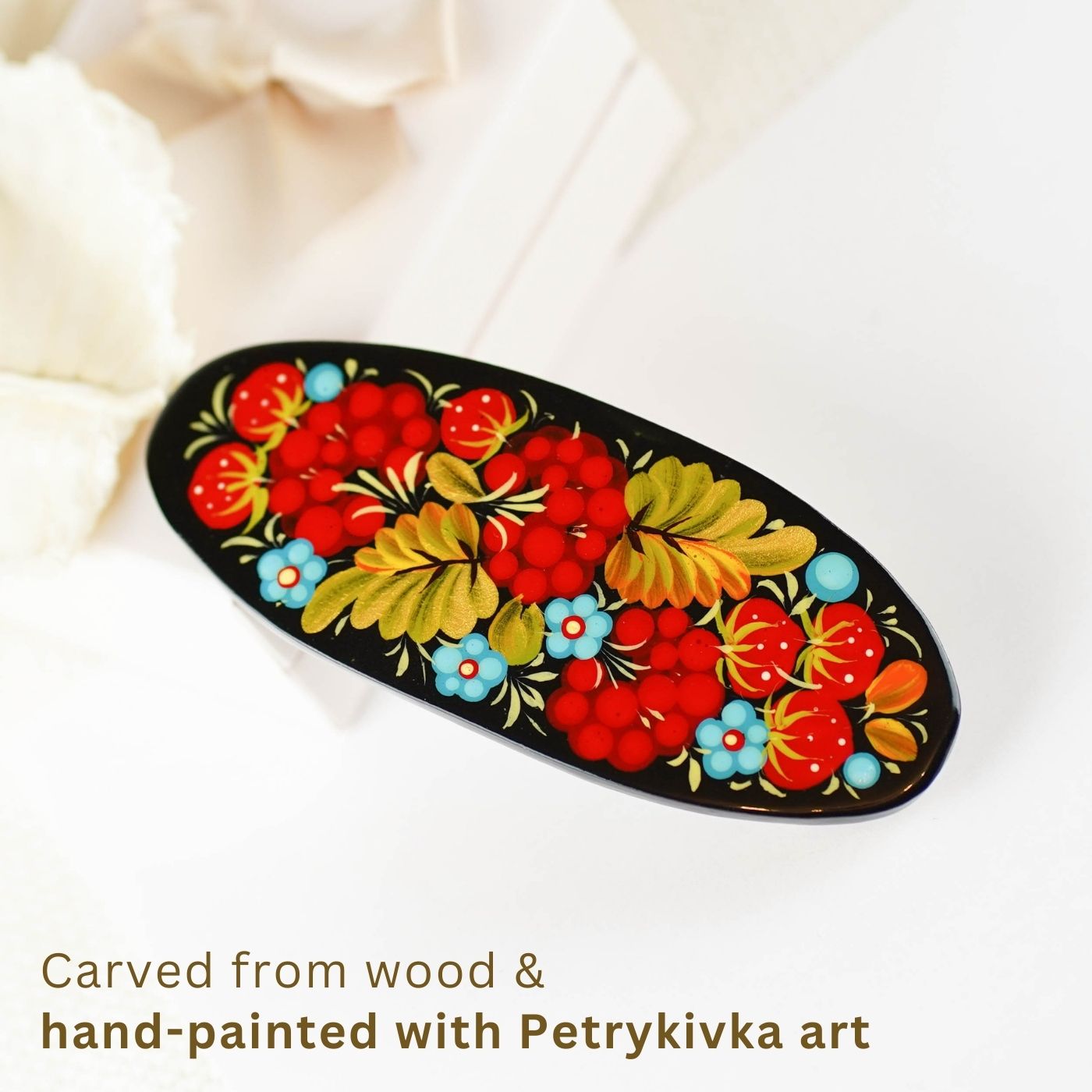 Hand-painted Wooden Hair Barrette with Adjustable Fit - Artisanal Petrykivka Art Red Flower Strawberry French Hair Clip