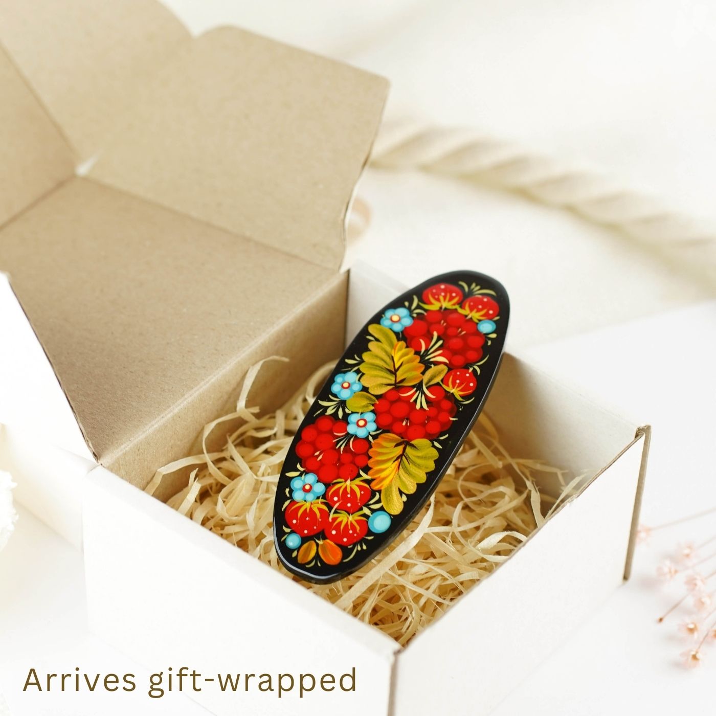 Hand-painted Wooden Hair Barrette with Adjustable Fit - Artisanal Petrykivka Art Red Flower Strawberry French Hair Clip