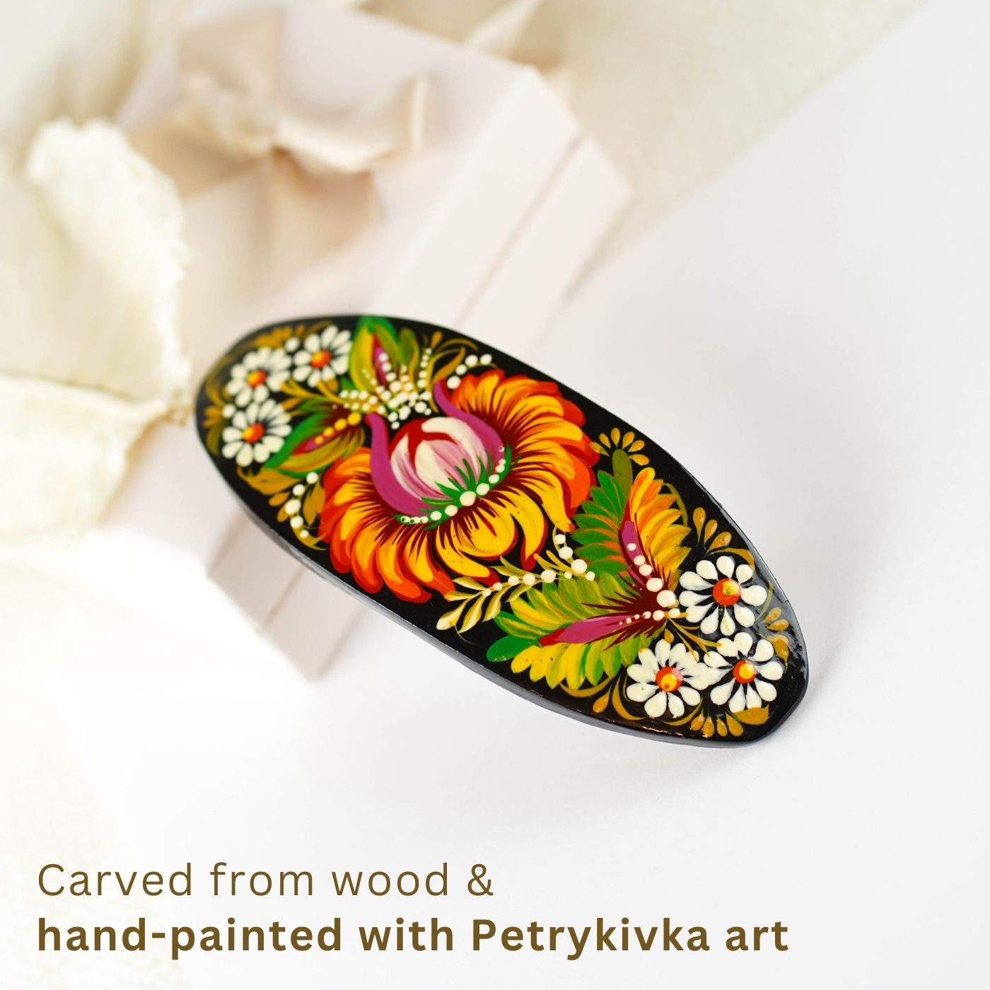 Hand-painted Oval Wooden Hair Barrette - Artisanal Petrykivka Art Orange Flower French Hair Clip