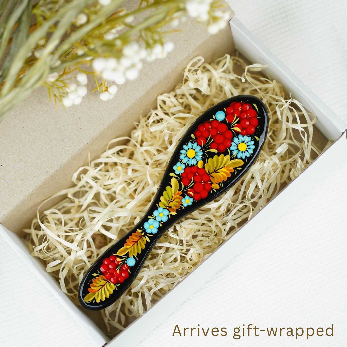 Hand-painted Wooden Strawberry Paddle Hairbrush - Petrykivka Art Flower Hairbrush with Wooden Bristles