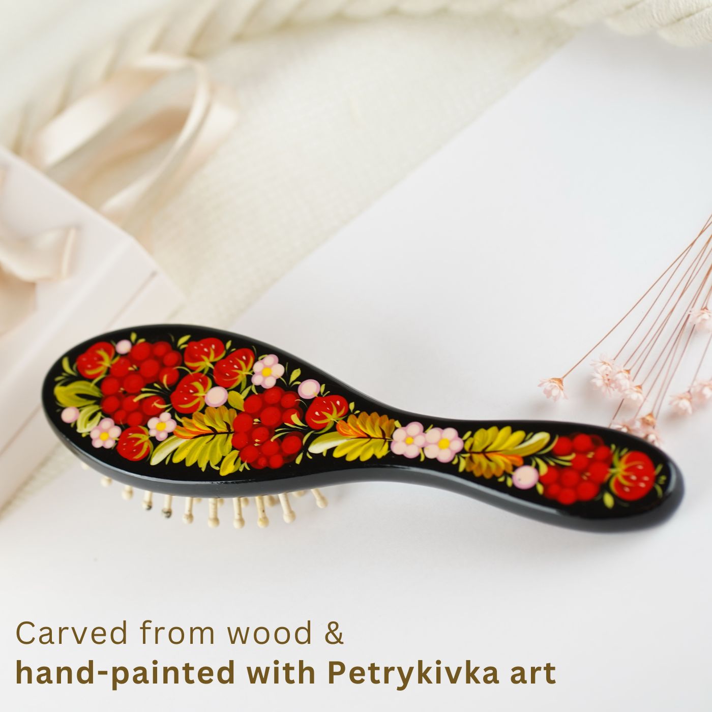 Painted Wooden Massage Paddle Hairbrush - Petrykivka Art Flower Hairbrush with Wooden Bristles