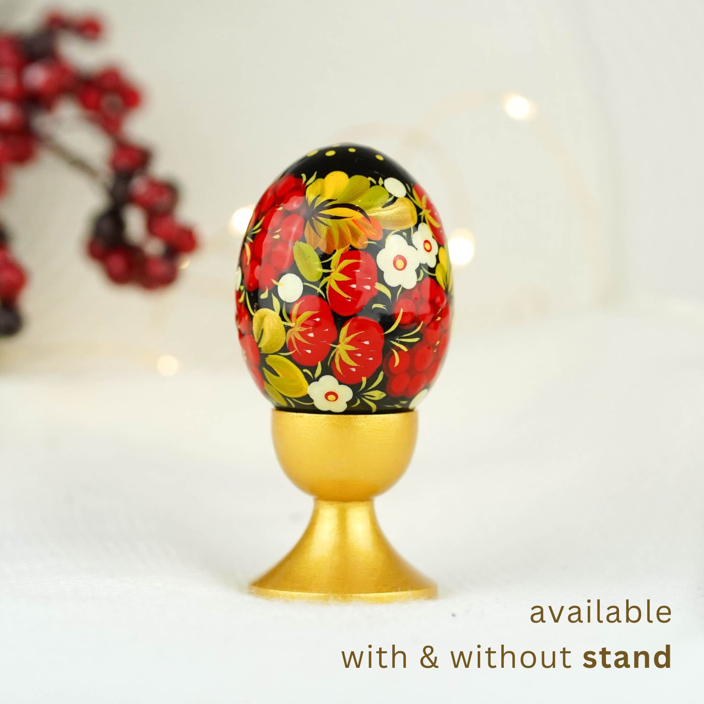 Hand-painted wooden Strawberry Easter egg - Ukrainian pysanky egg