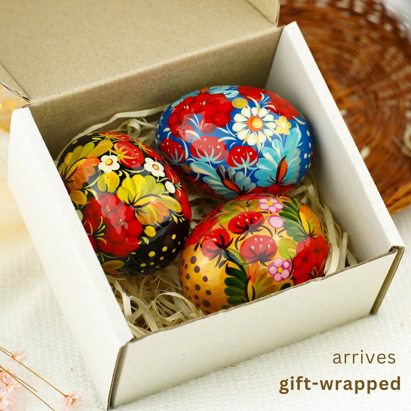 Hand-painted wooden Strawberry Easter egg - Petrykivka art egg